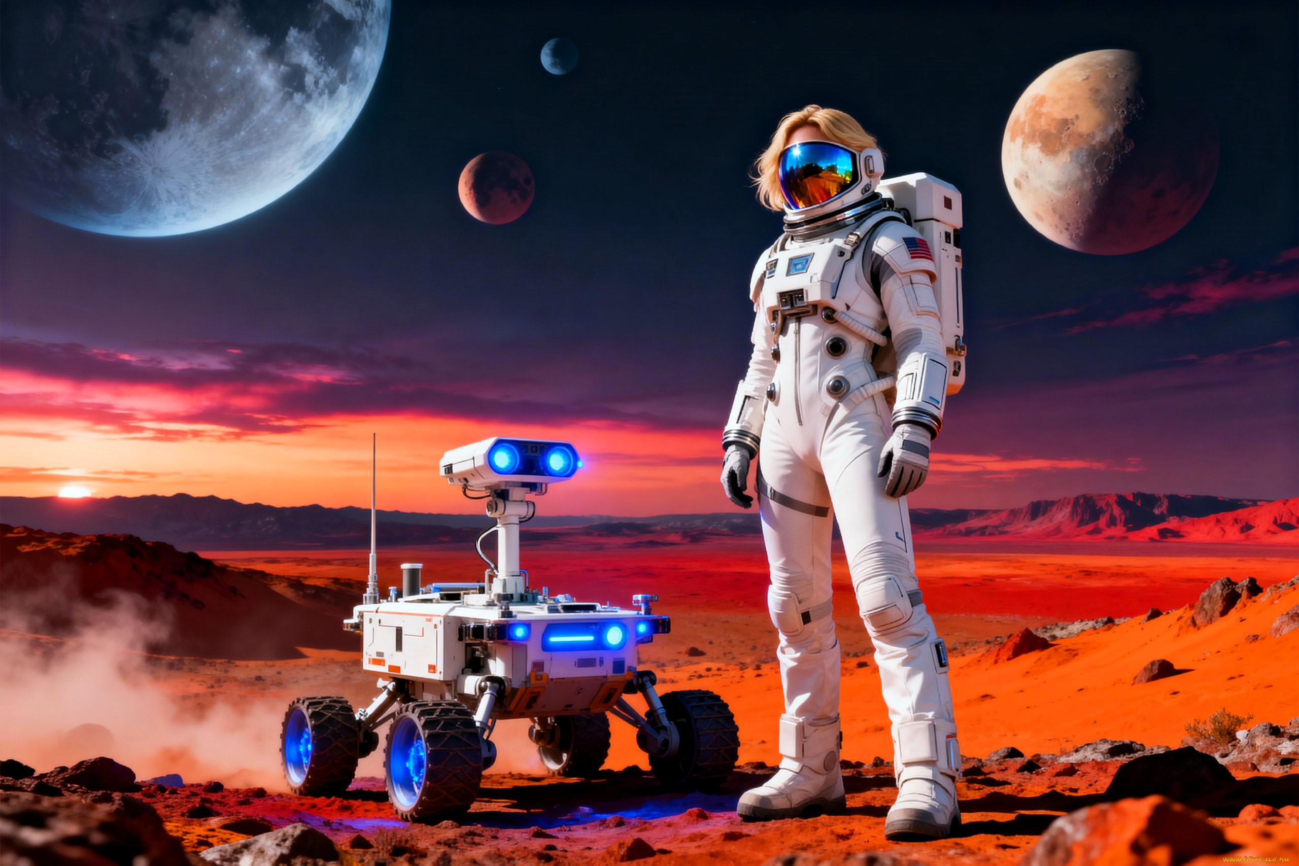 3д, графика, научная, фантастика, , science, fiction, девушка, скафандр, космос, планеты, луноход, закат