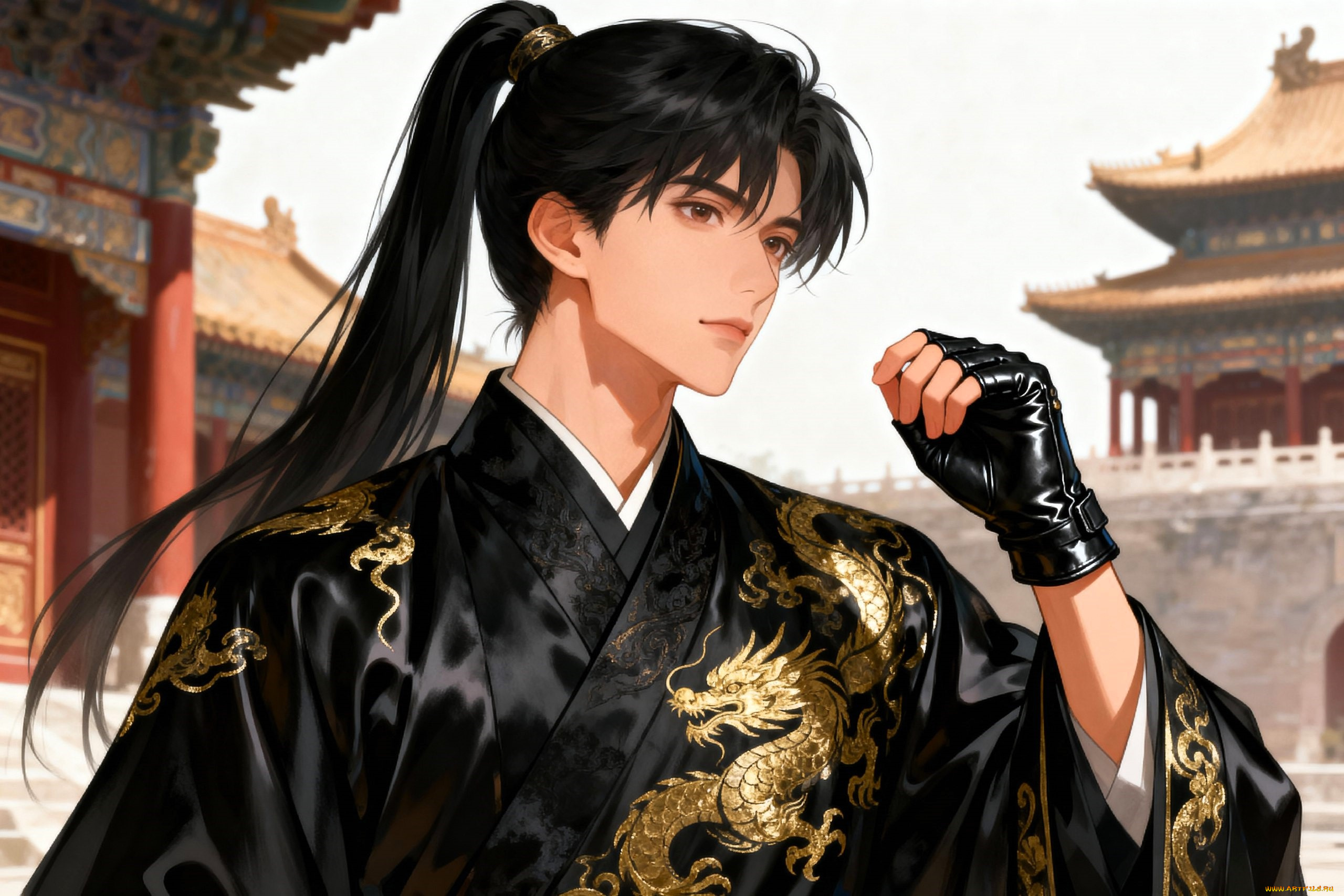 аниме, unknown, , другое, , парень, наряд, перчатка, город, здания, китай