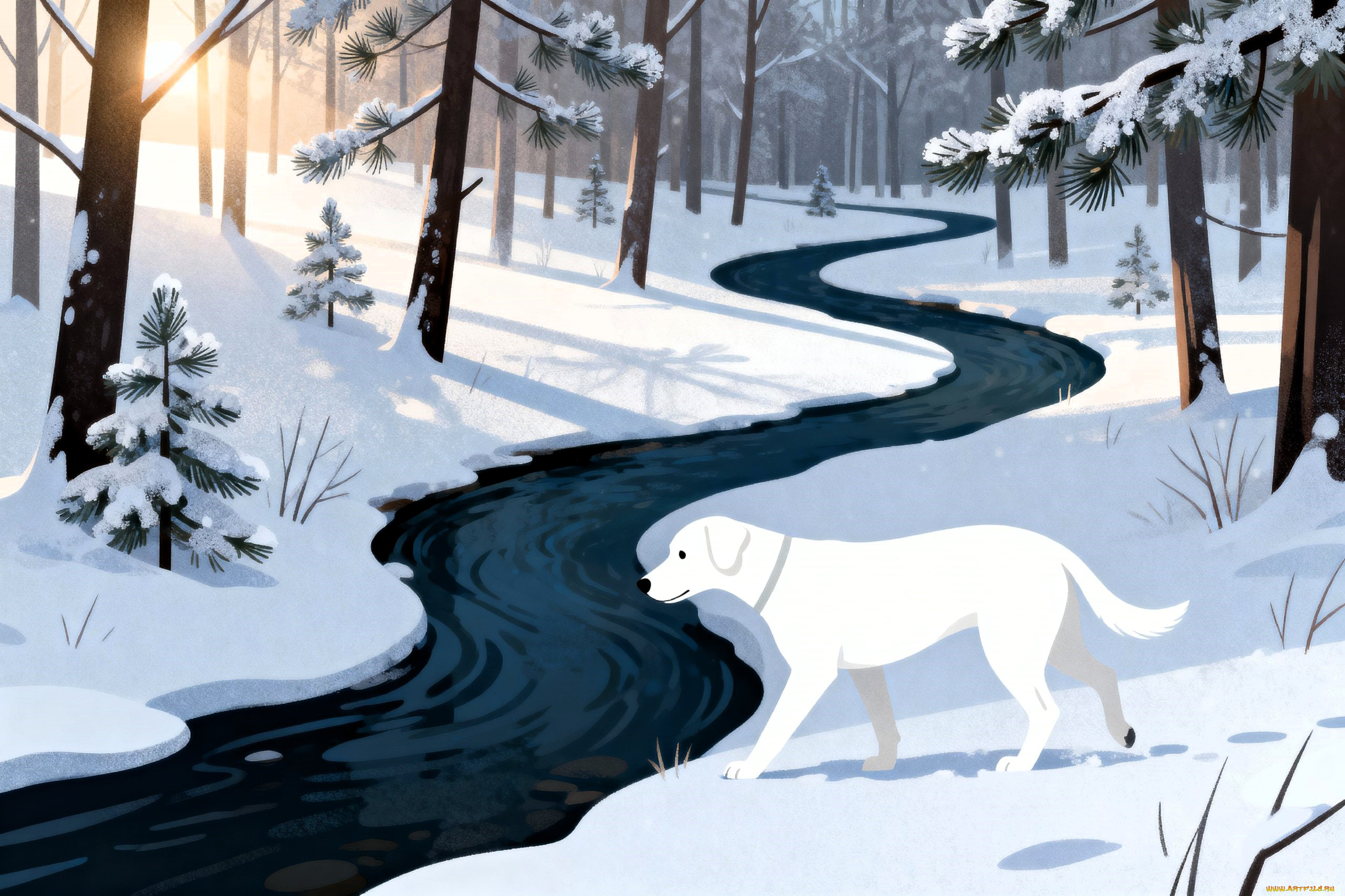 рисованное, животные, , собаки, собака, белая, река, лес, зима, снег