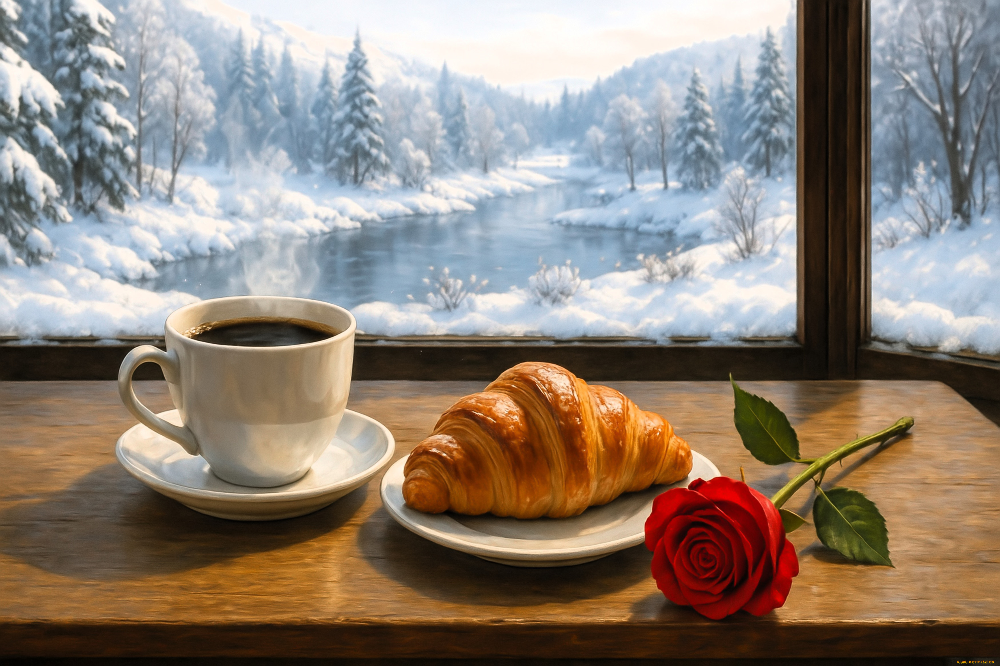 рисованное, еда, окно, природа, снег, зима, горы, лес, река, круассан, чашка, кофе, блюдца, роза