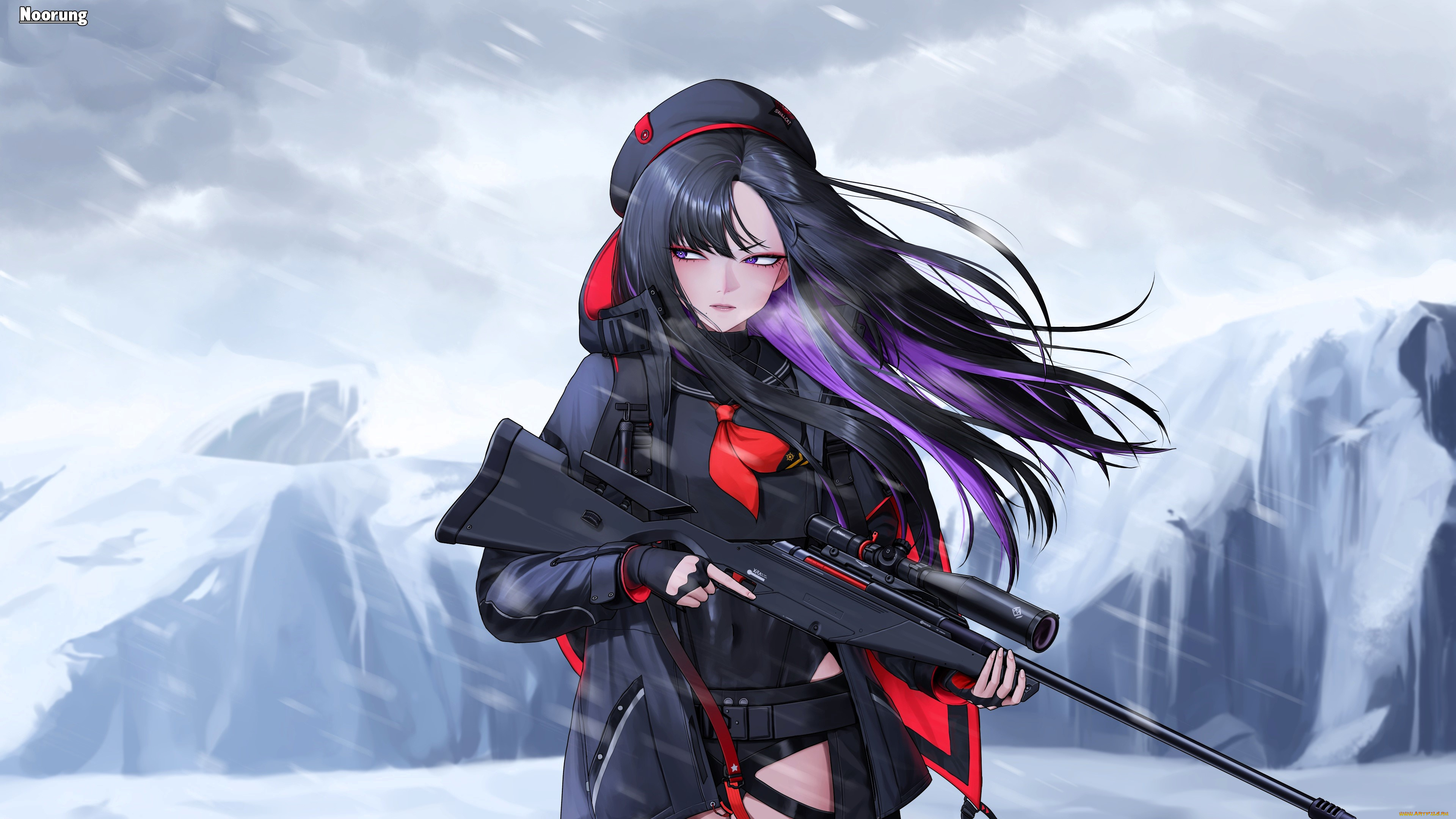 аниме, оружие, , техника, , технологии, девушка, берет, плащ, винтовка, снег, скалы