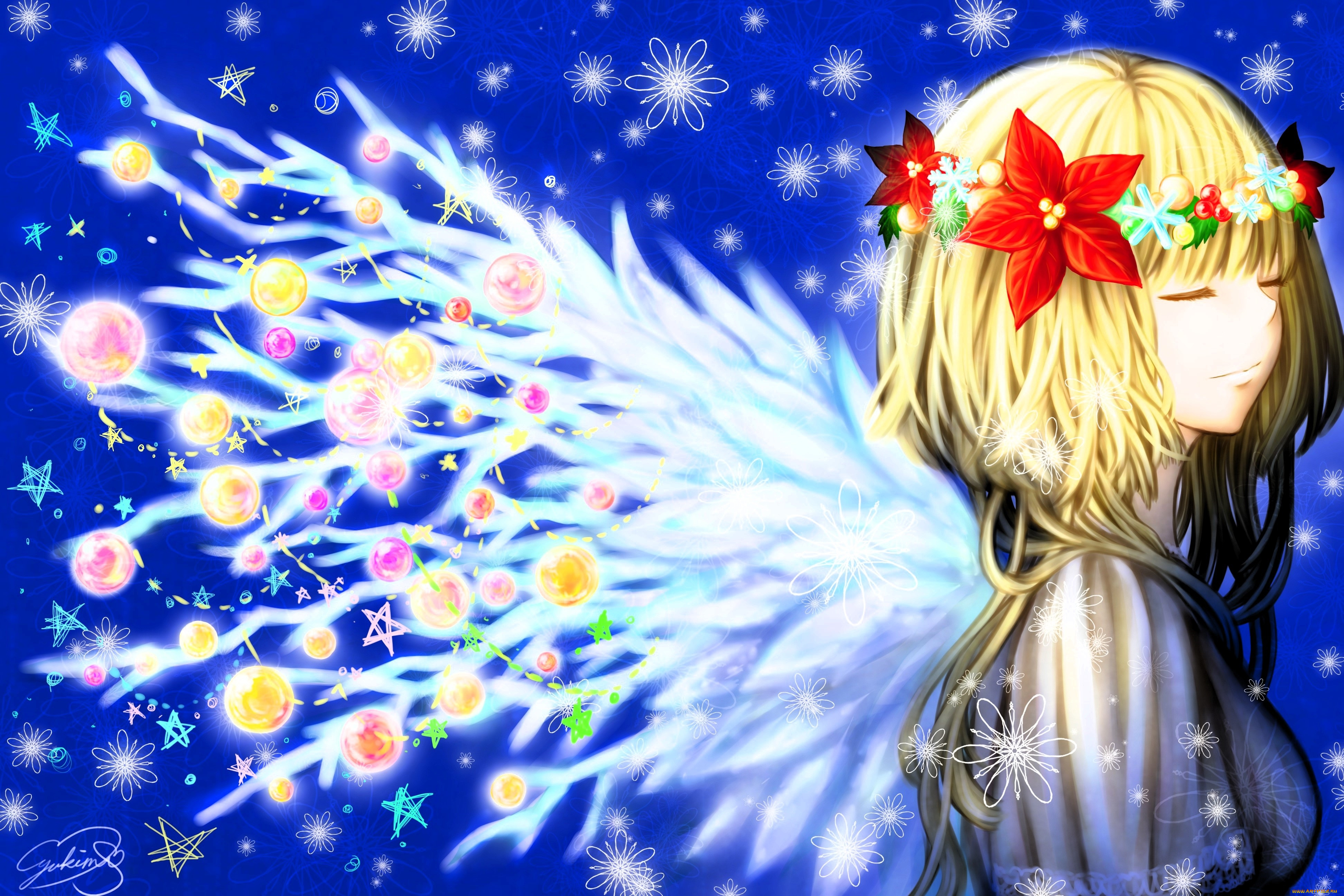 аниме, зима, , новый, год, , рождество, девочка, блондинка, венок, крылья, украшения, снежинки