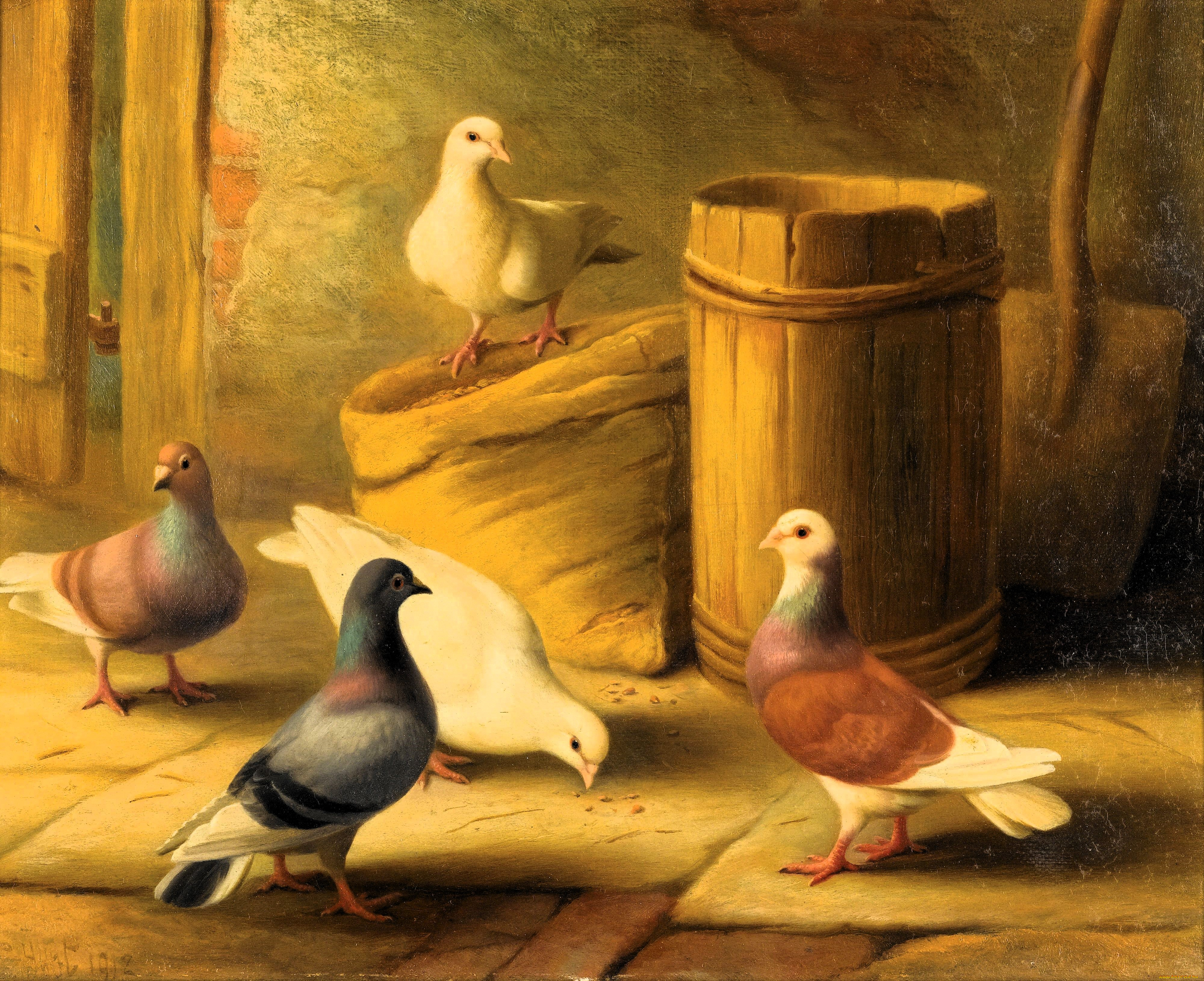рисованное, edgar, hunt, голуби, мешок, бочка, сарай