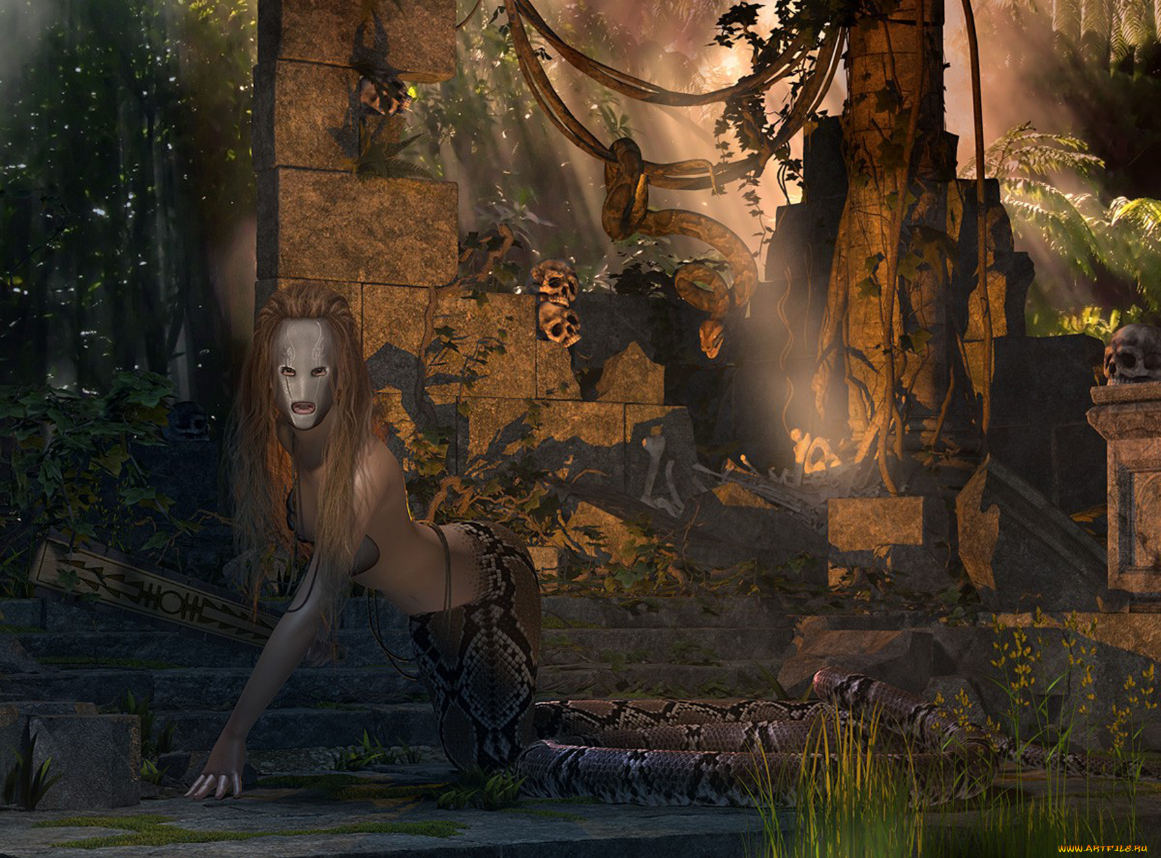 3д, графика, creatures, существа, руины, деревья, змея