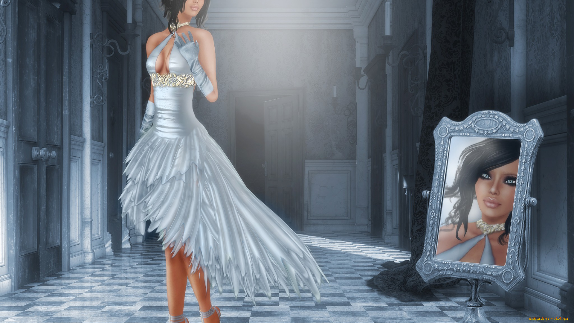 3д, графика, people, люди, платье, зеркало, девушка