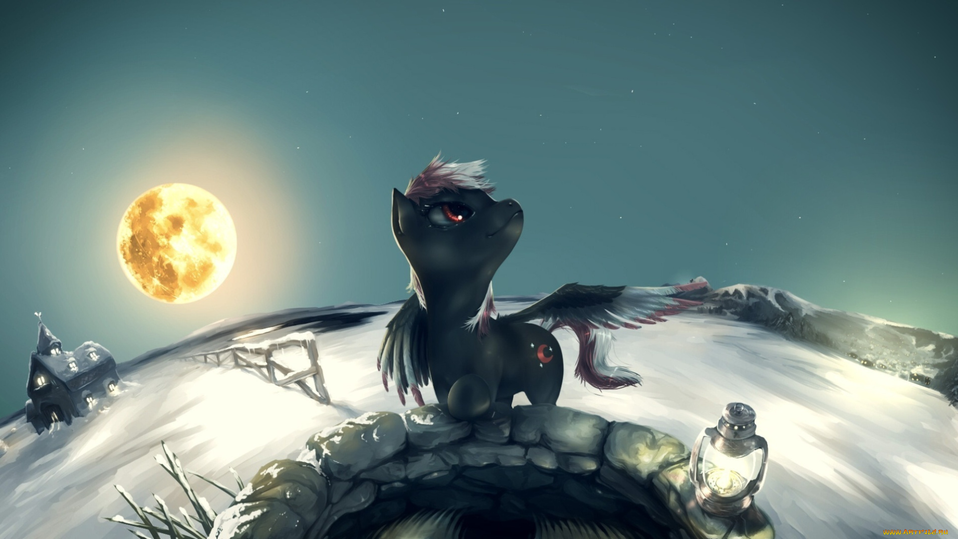 фэнтези, существа, дома, зима, луна, пегас