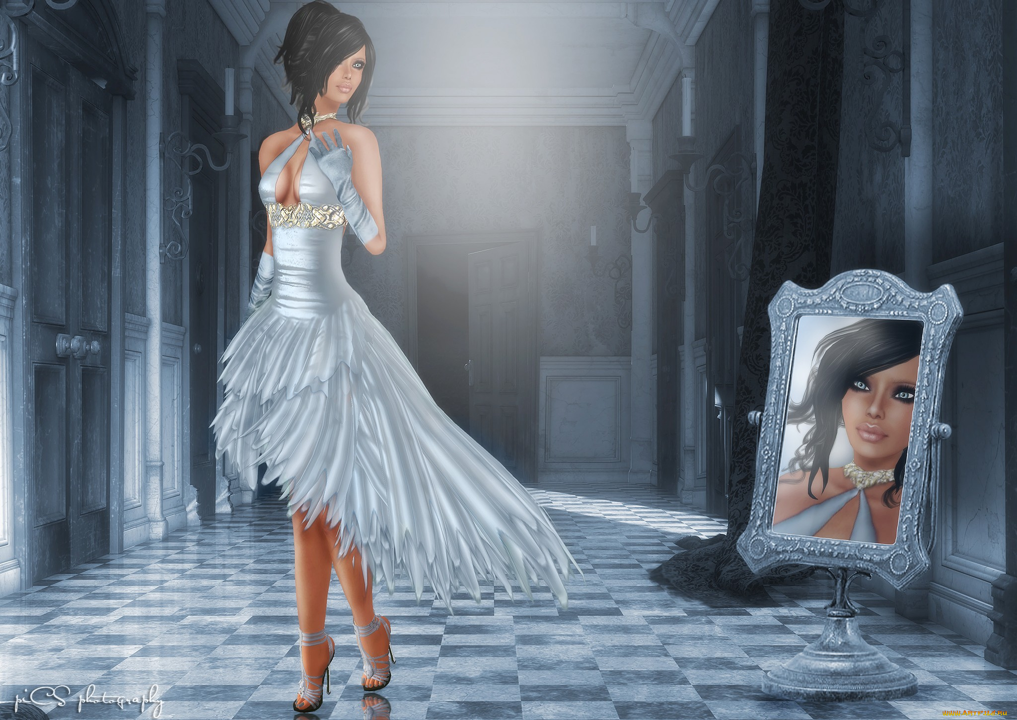 3д, графика, people, люди, платье, зеркало, девушка