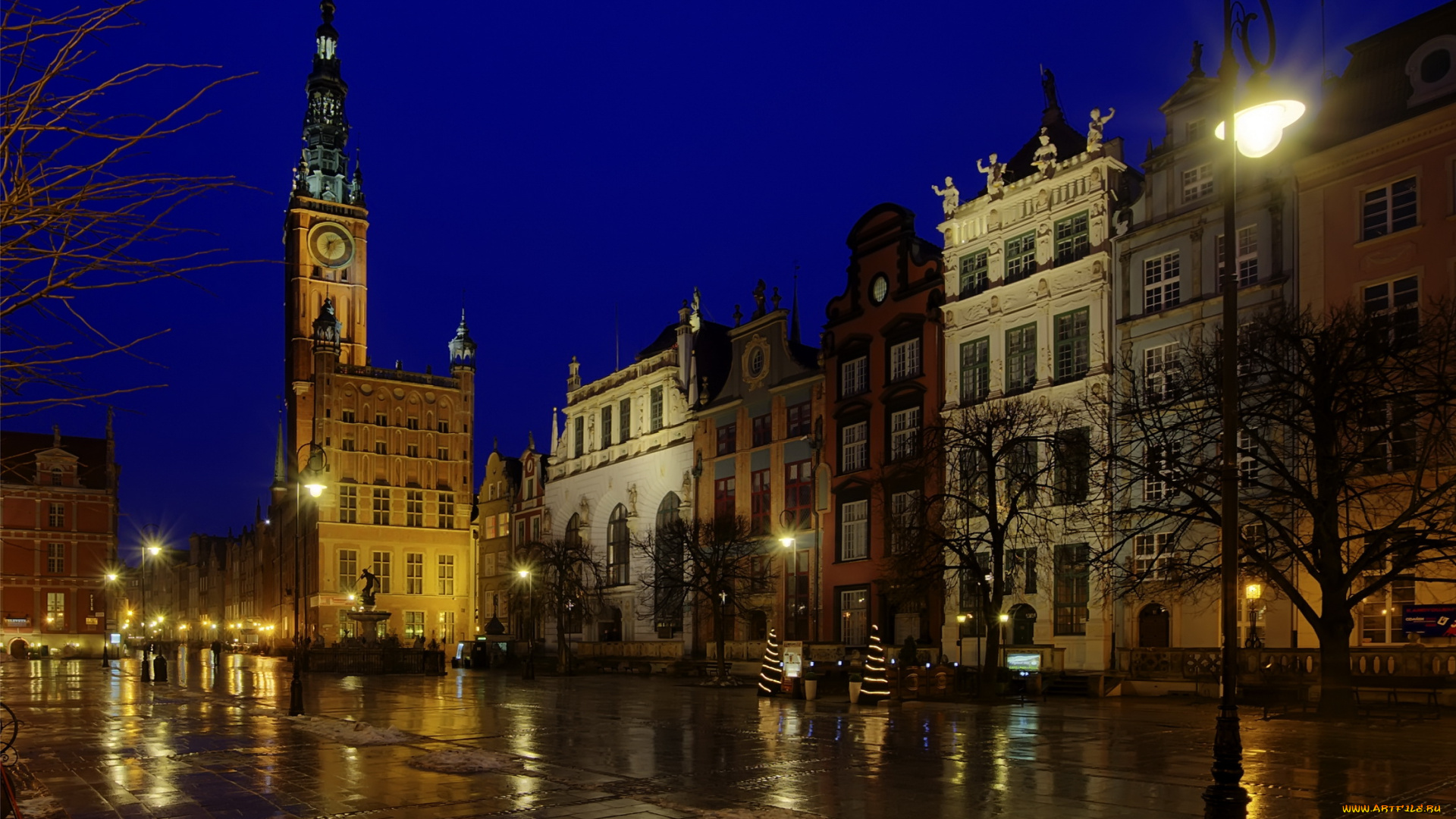 гданьск, польша, города, ночь, город, фонари