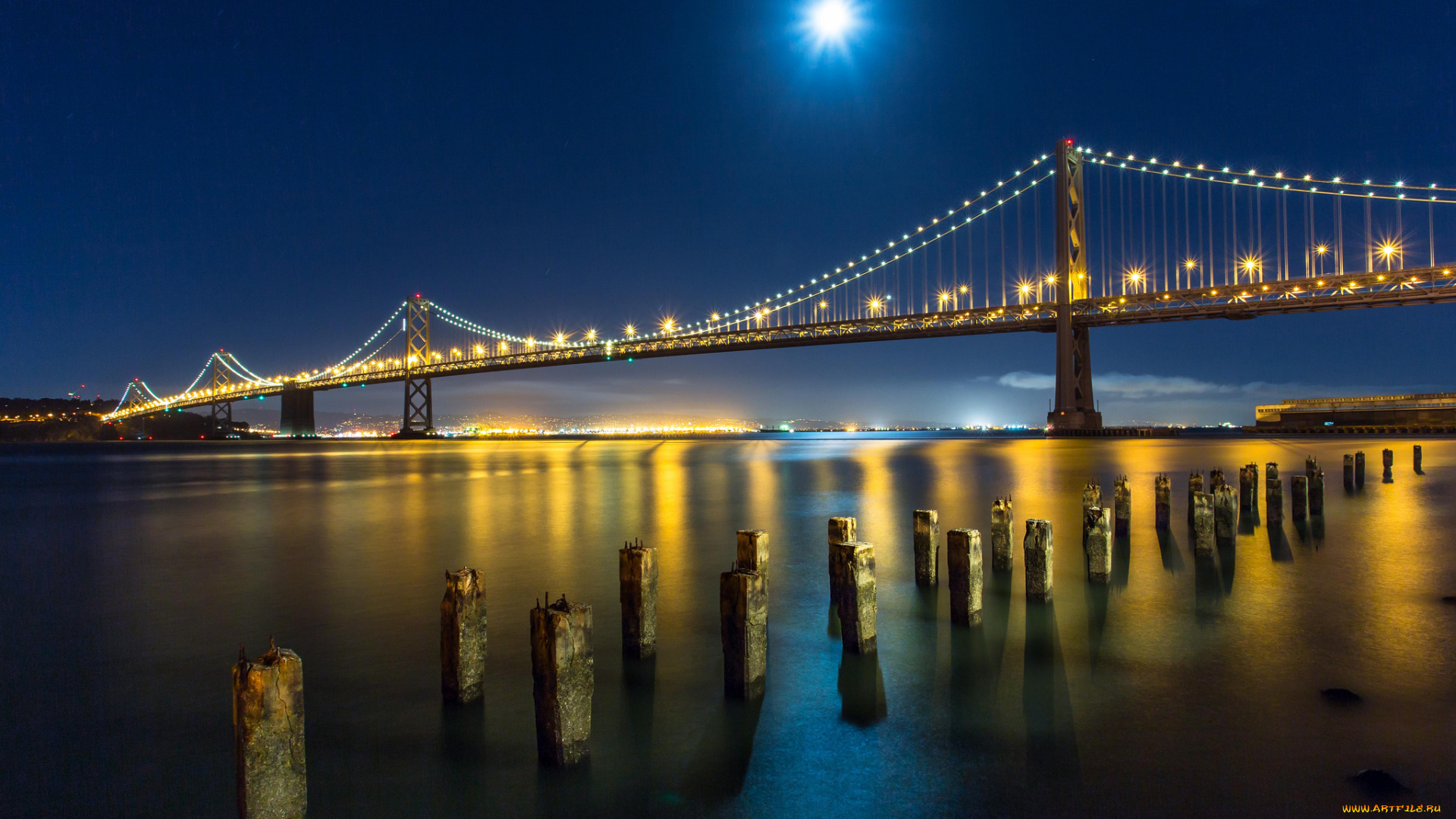 города, сан, франциско, сша, америка, луна, мост, ночные, огни