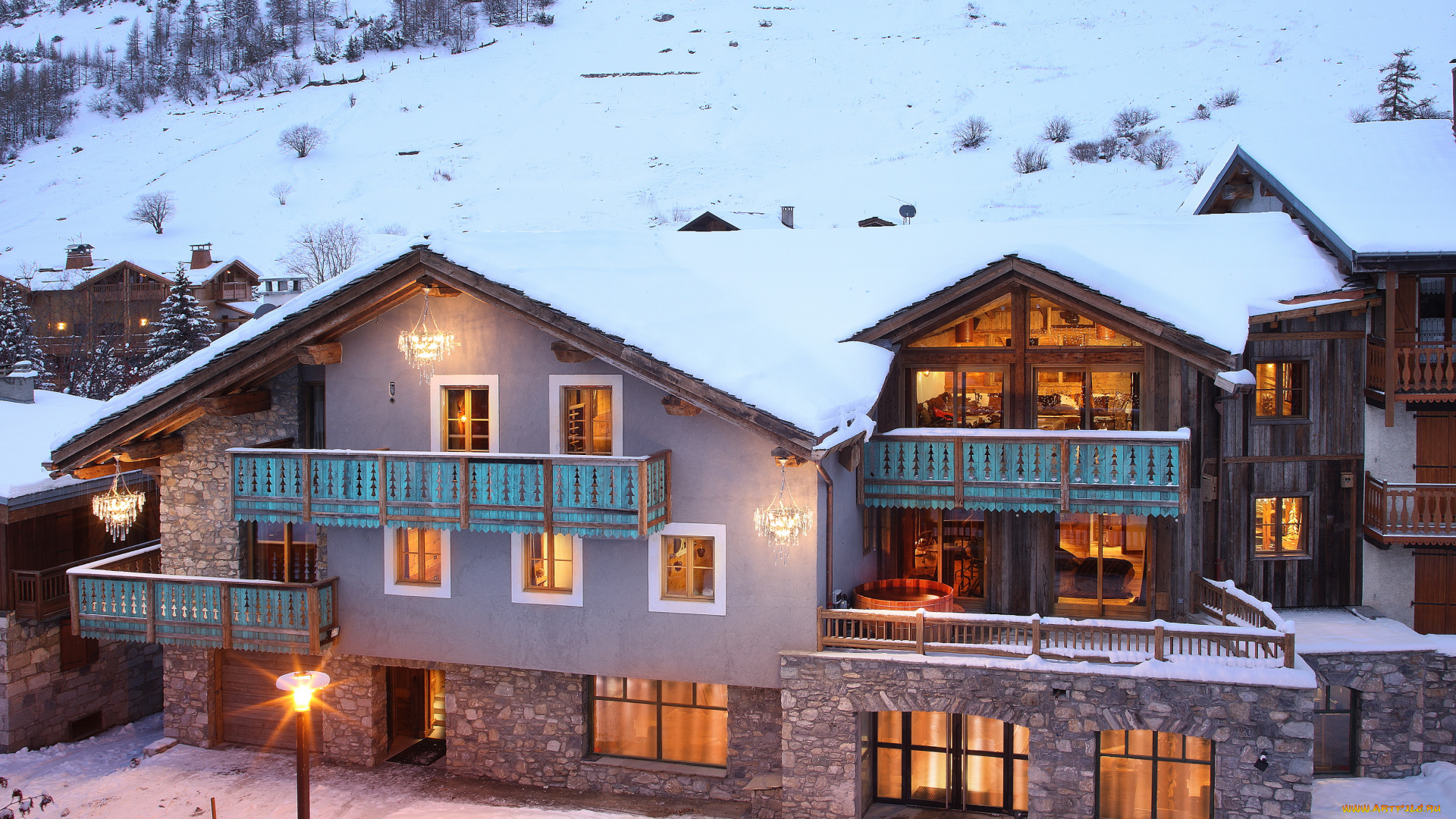 курорт, валь, д`изер, франция, города, здания, дома, снег, горы