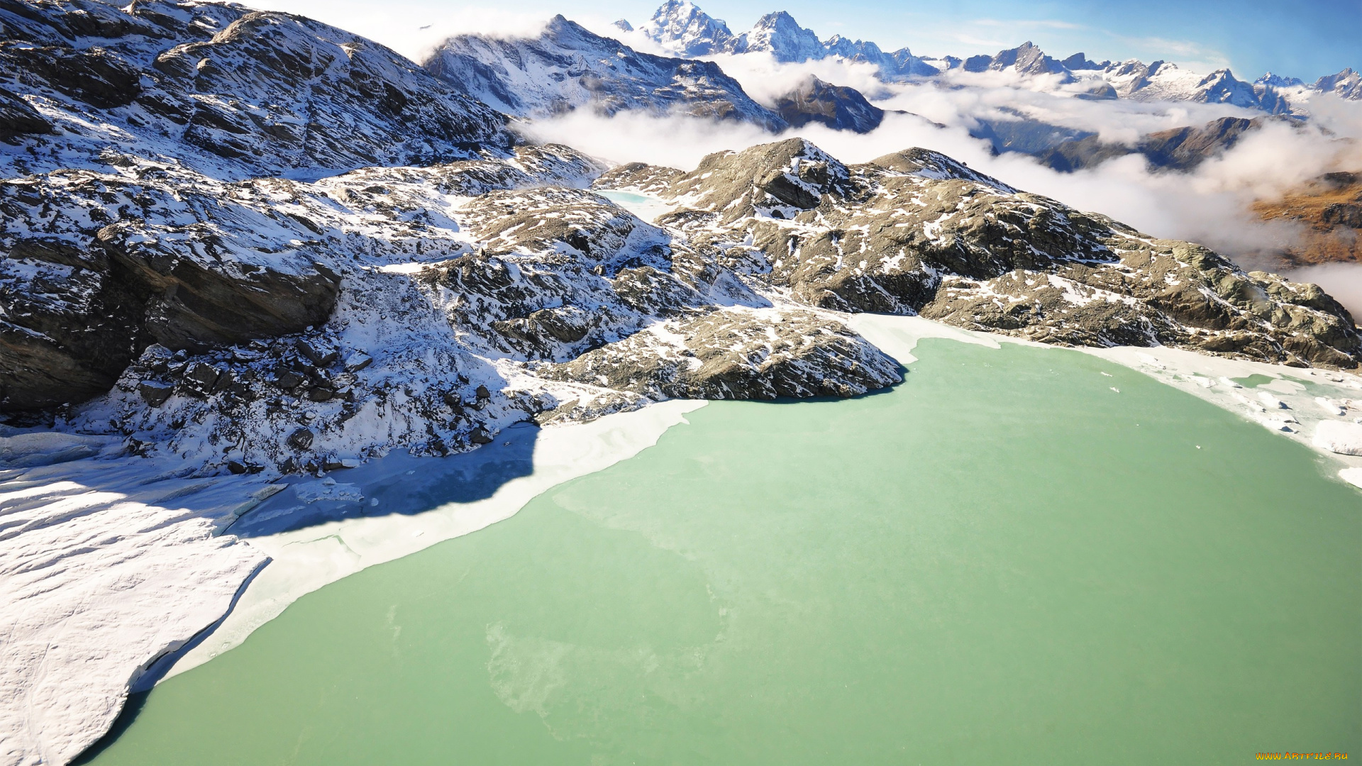 природа, реки, озера, туман, вершины, лед, снег, горы