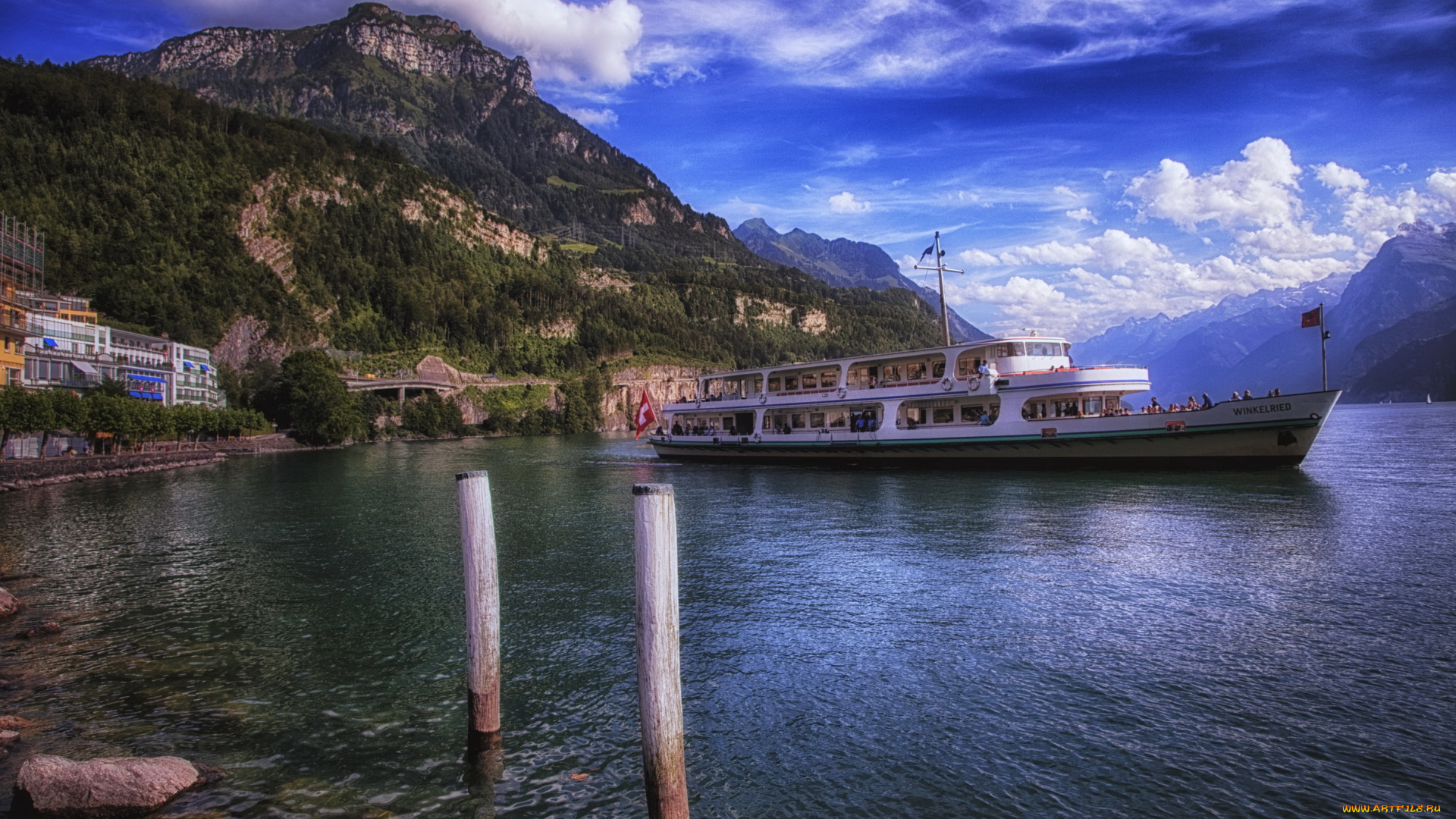 швейцария, ингенболь, корабли, теплоходы, река, поселок, пассажирское, прогулочное, горы, судно