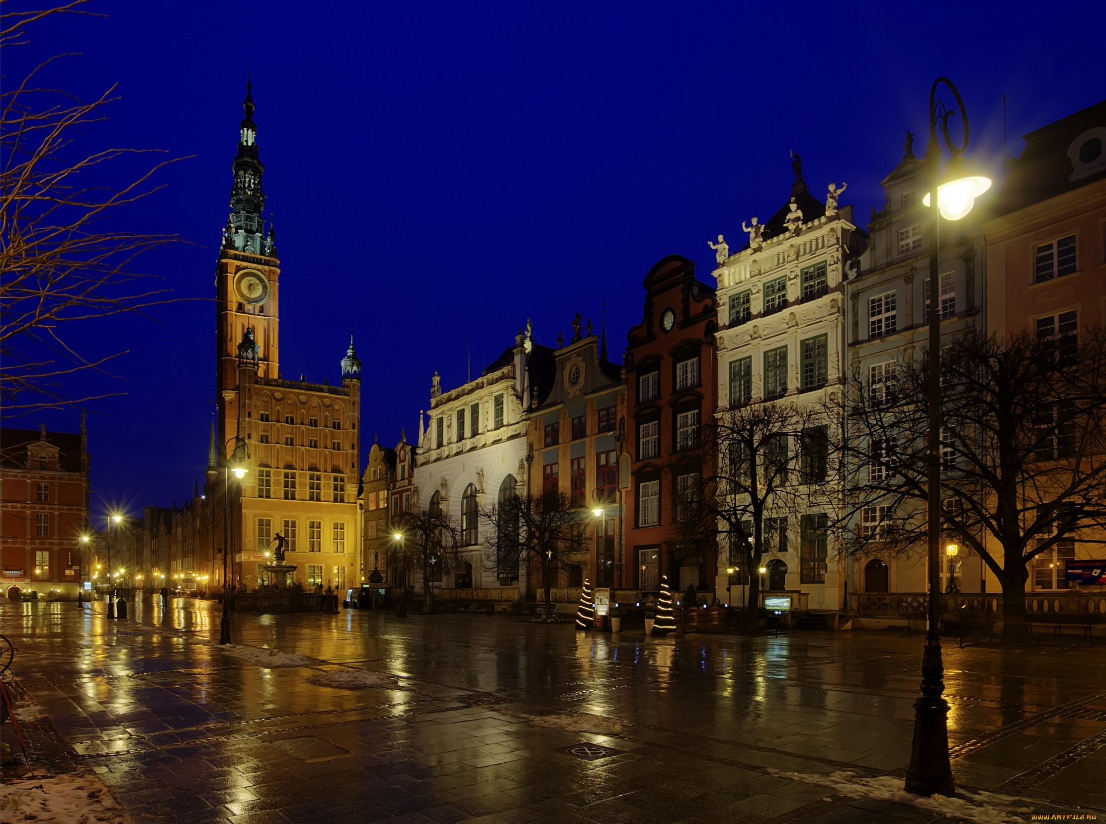 гданьск, польша, города, ночь, город, фонари