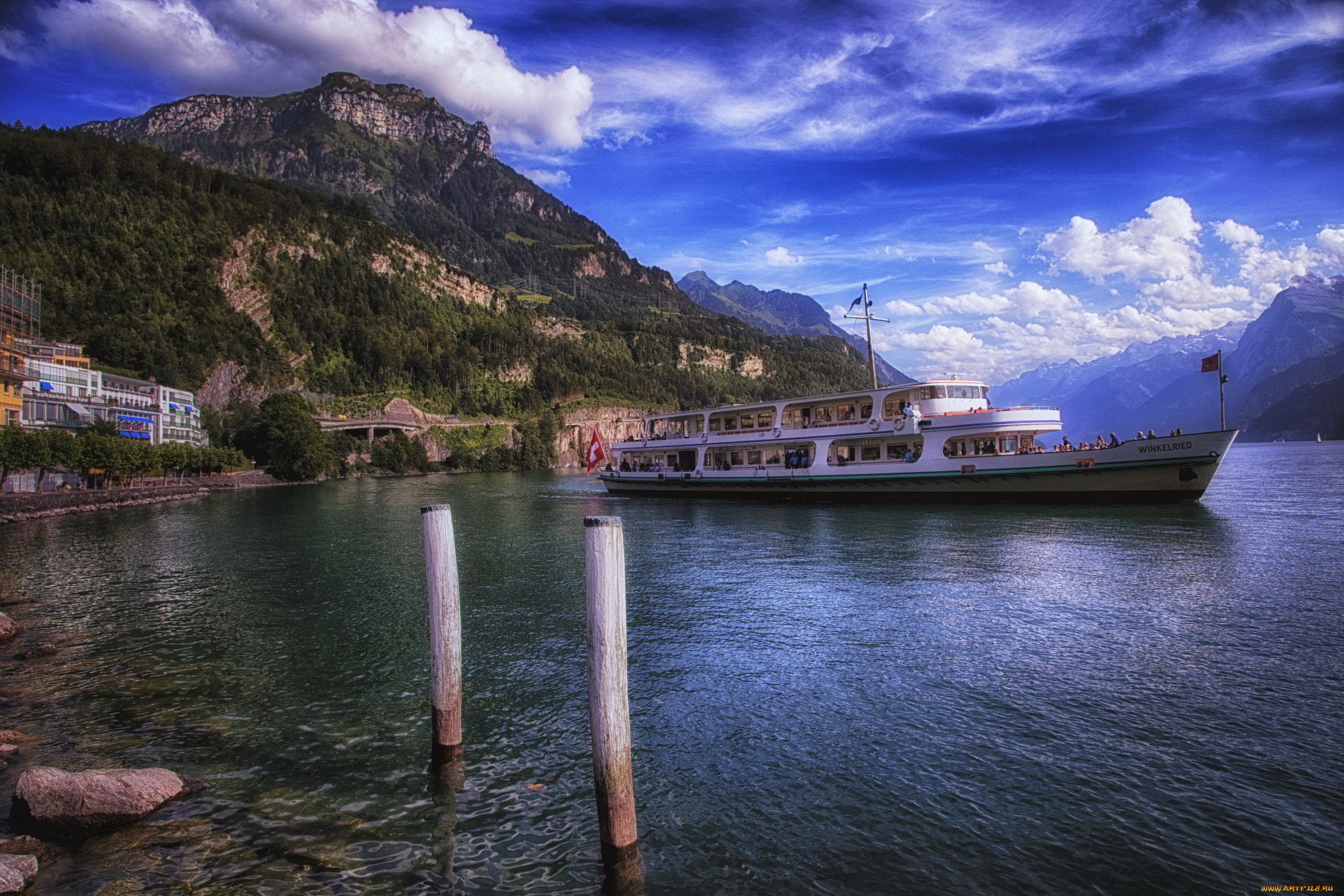 швейцария, ингенболь, корабли, теплоходы, река, поселок, пассажирское, прогулочное, горы, судно