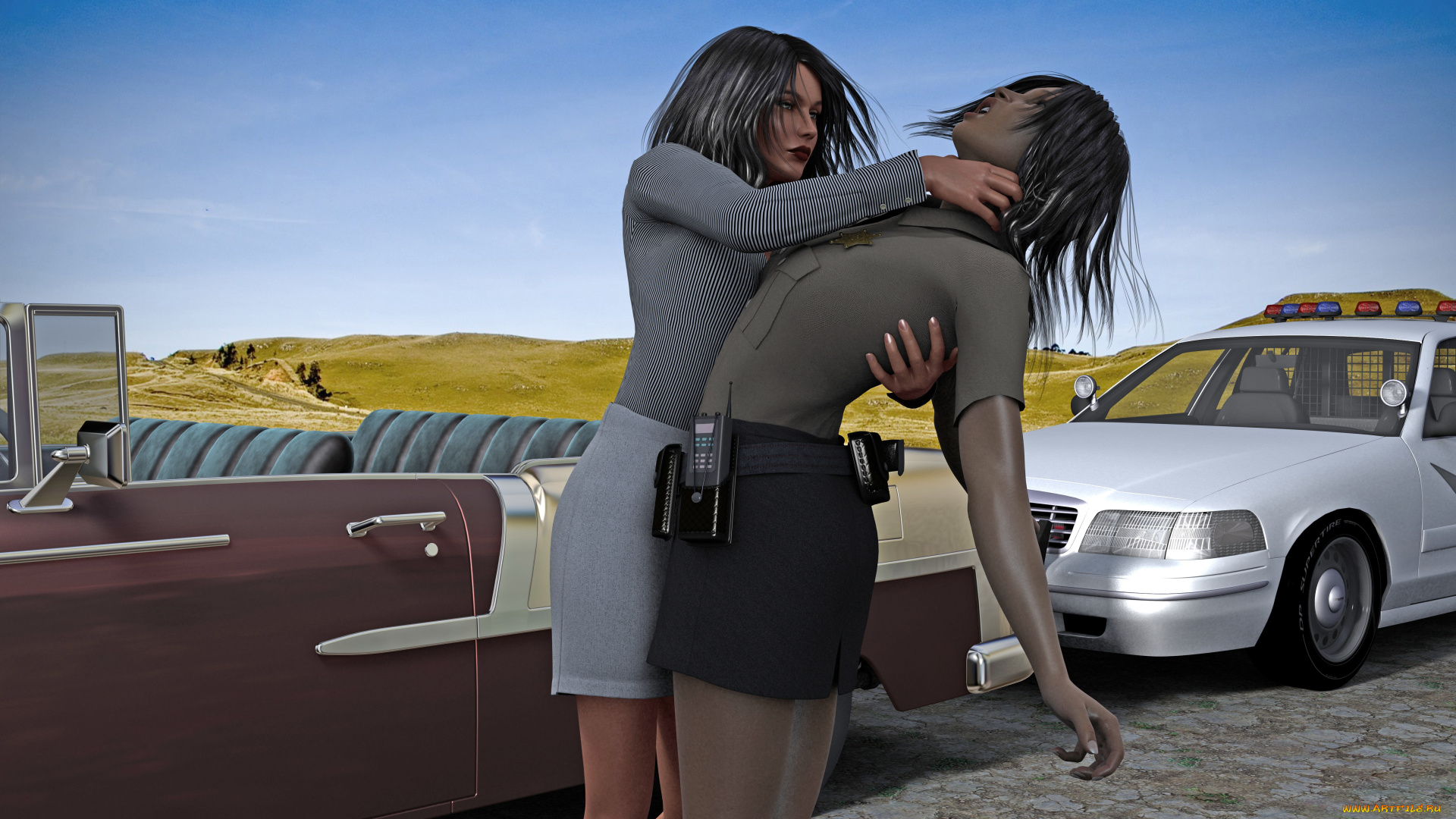 3д, графика, fantasy, , фантазия, полицейская, автомобили, девушки, дорога