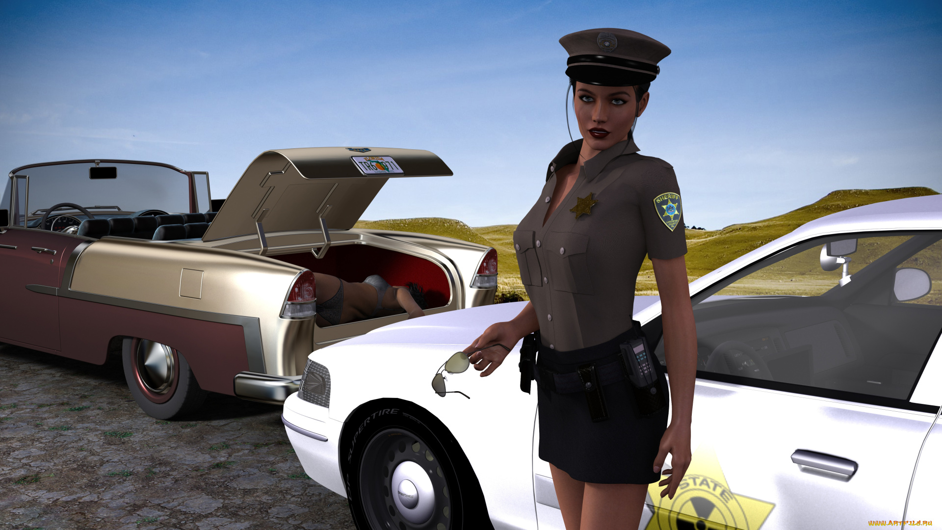 3д, графика, fantasy, , фантазия, полиция, автомобиль, девушка