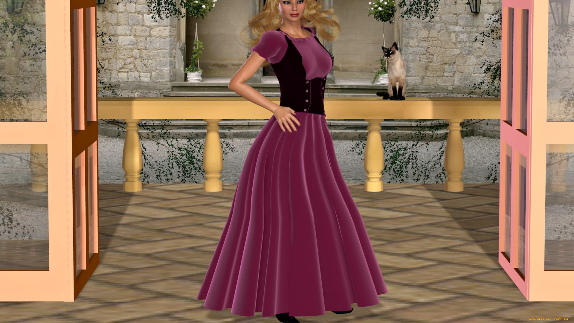 3д, графика, people, , люди, девушка, взгляд, дверь, кот