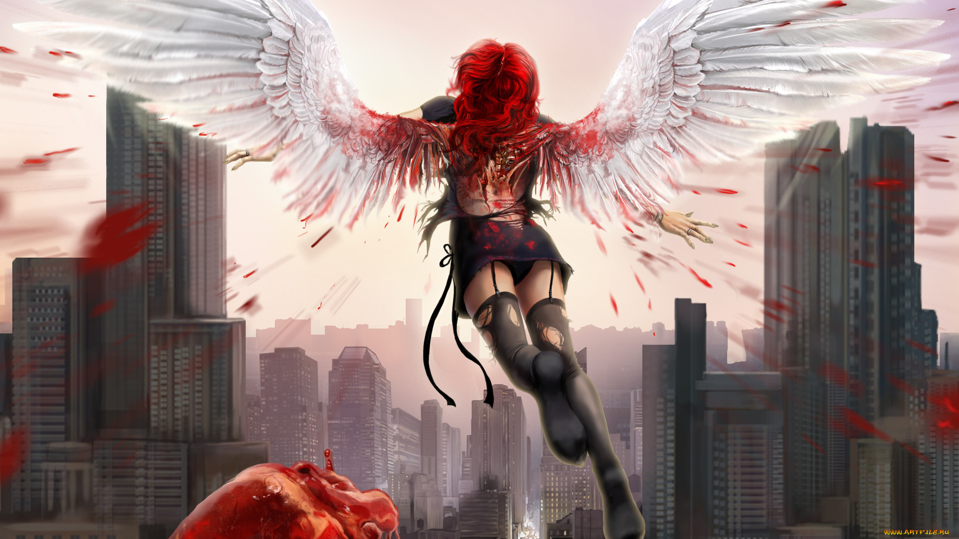 фэнтези, ангелы, ангел, кровь, крылья, арт, девушка, сердце