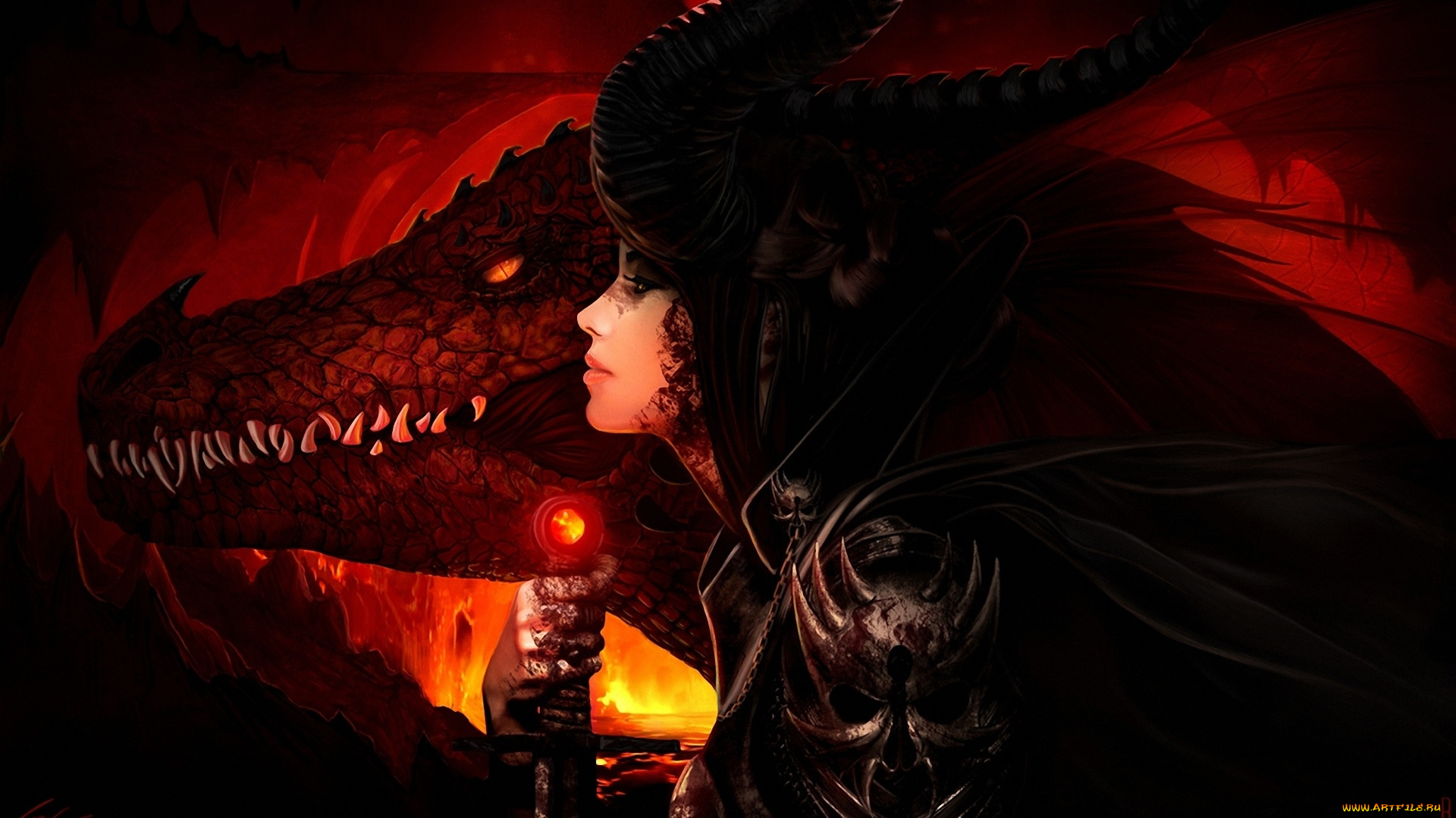 фэнтези, красавицы, и, чудовища, дракон, рога, девушка, лава, огонь, меч