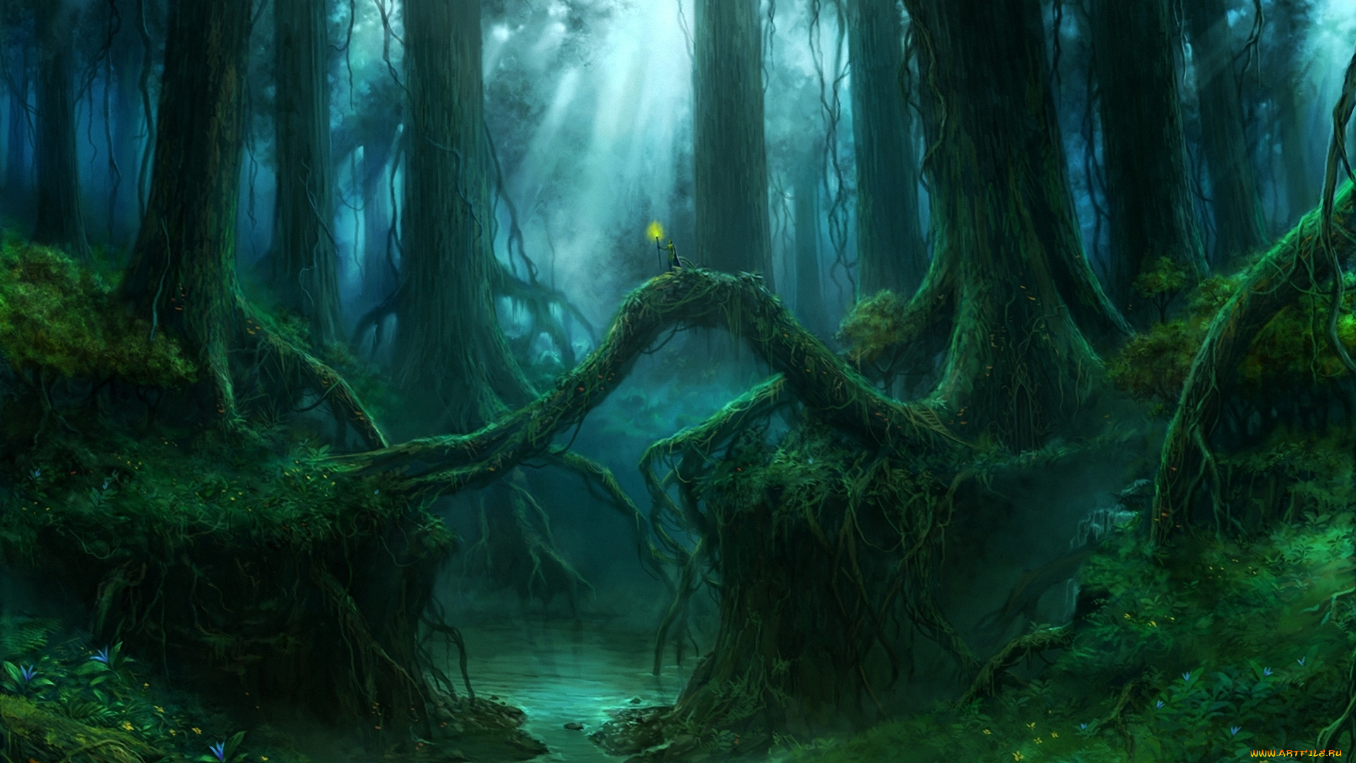 фэнтези, пейзажи, иной, мир, гигантский, лес, ручей, корни, сумерки