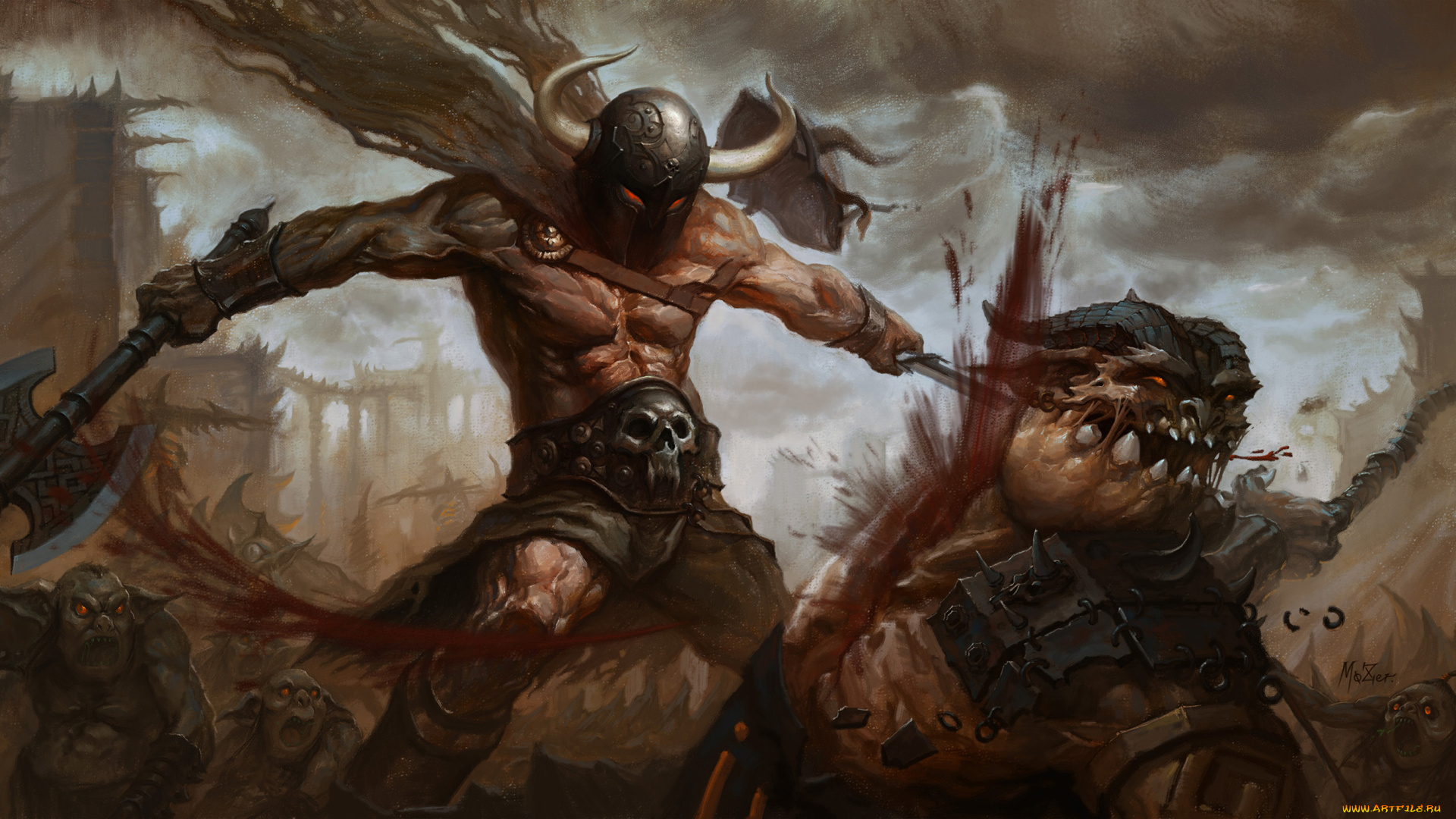 фэнтези, существа, шлем, меч, топор, орки, монстры, битва, воин