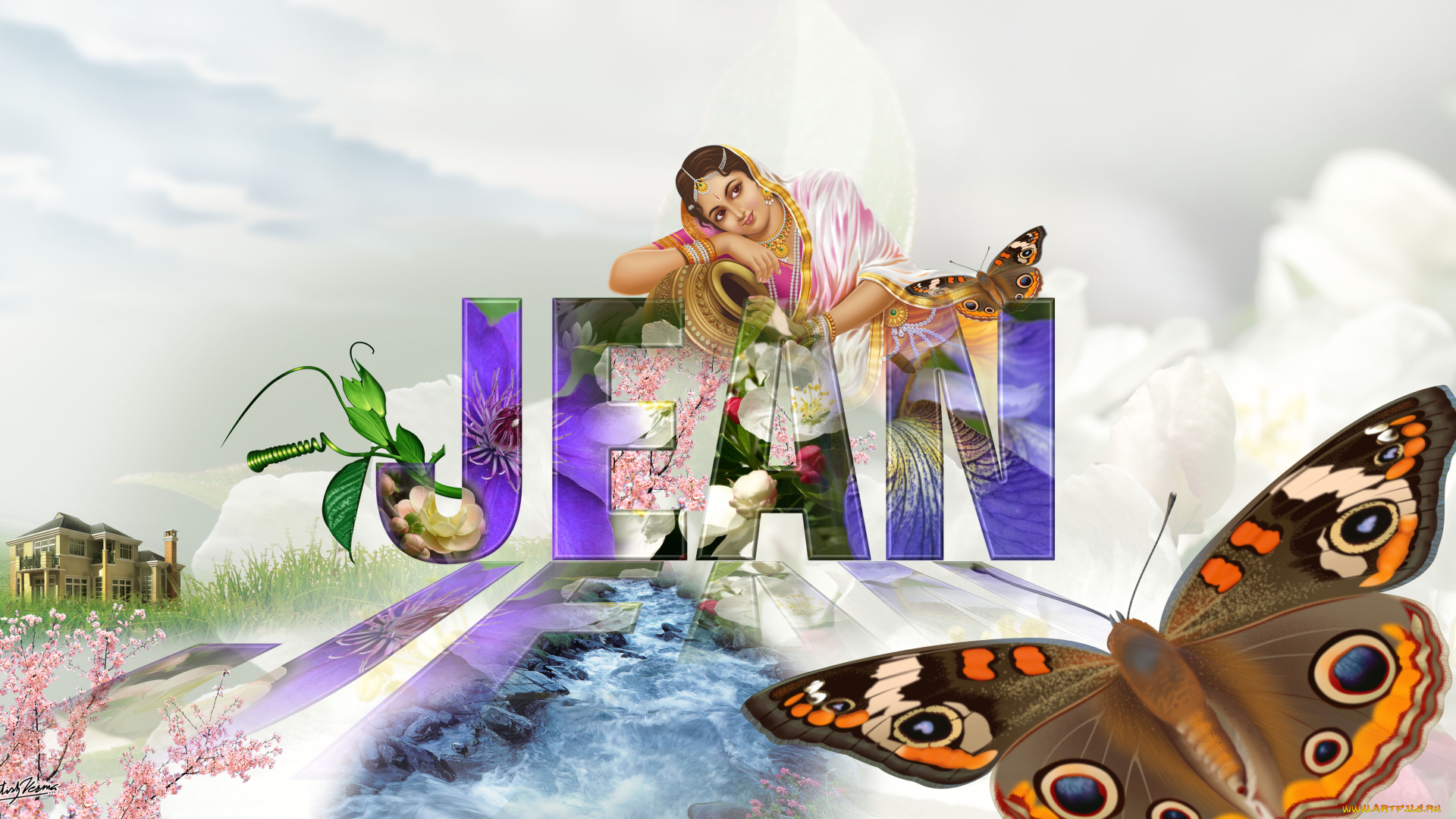 рисованные, люди, девушка, взгляд, вода, лотос, бабочки