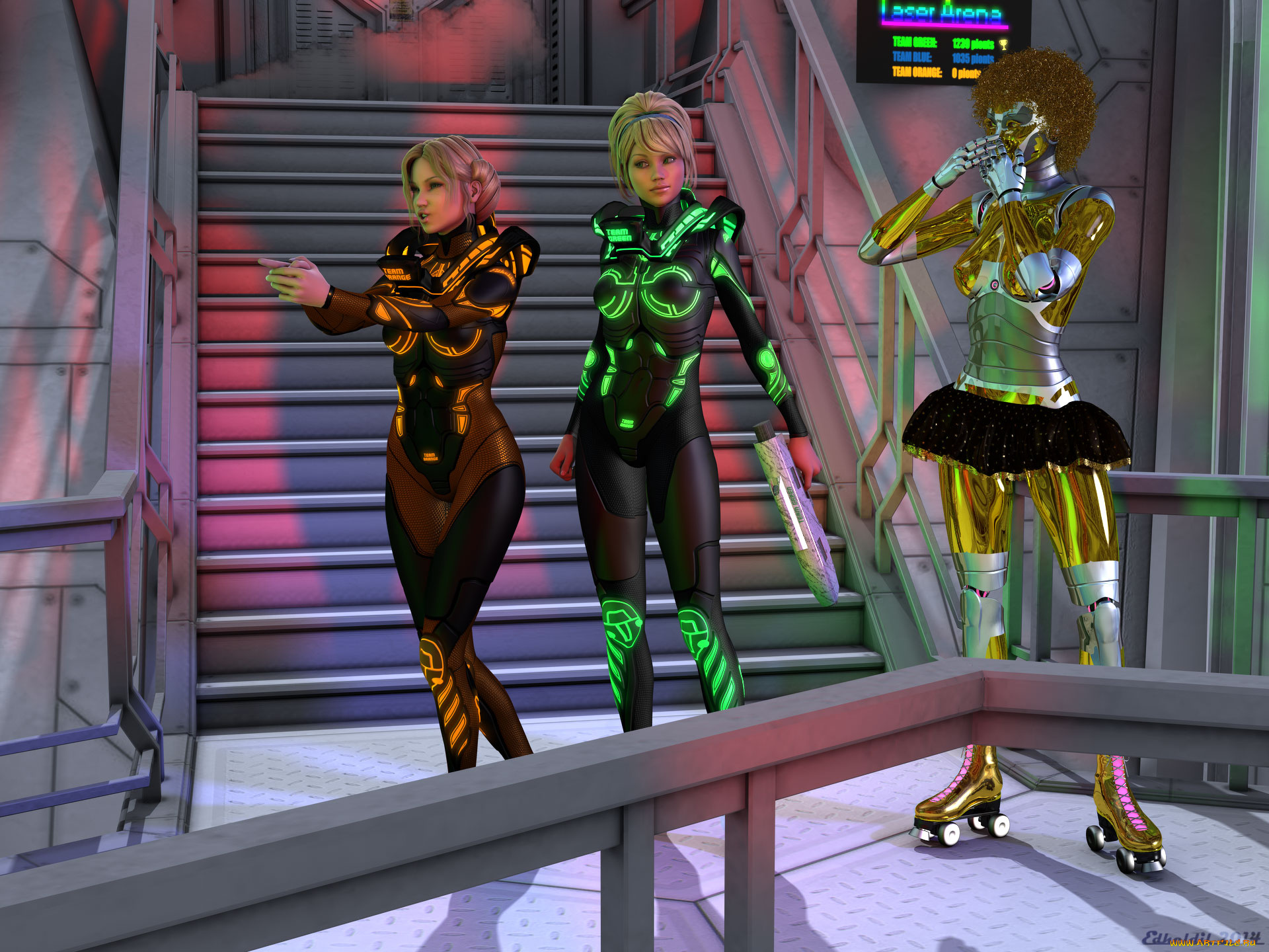 3д, графика, fantasy, , фантазия, лесница, девушки