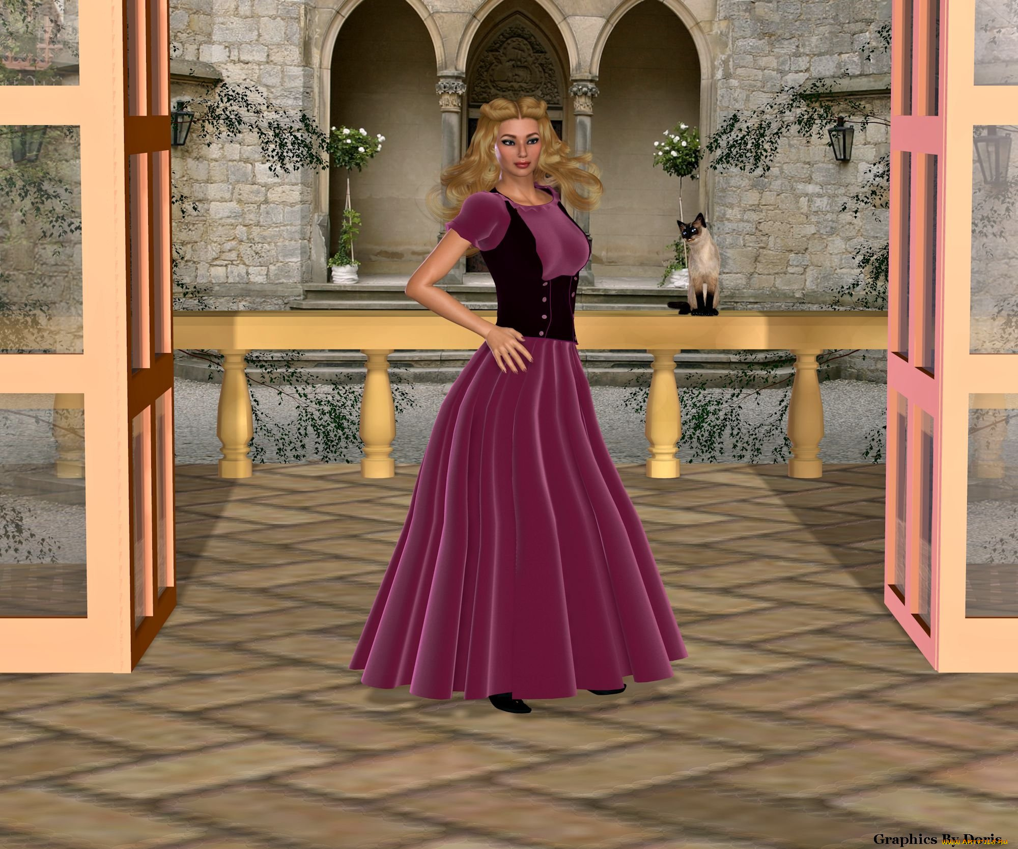 3д, графика, people, , люди, девушка, взгляд, дверь, кот