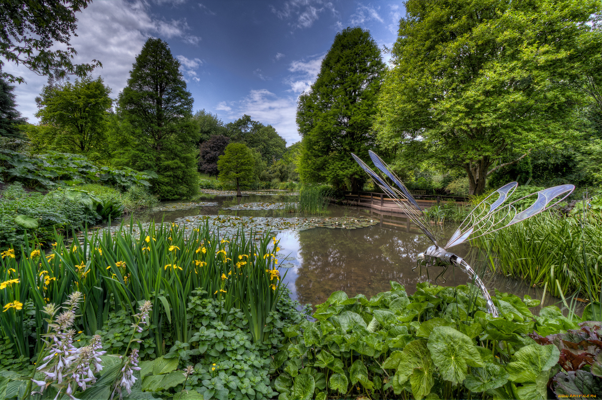природа, парк, деревья, пруд, цветы, фигура, стрекоза, трава