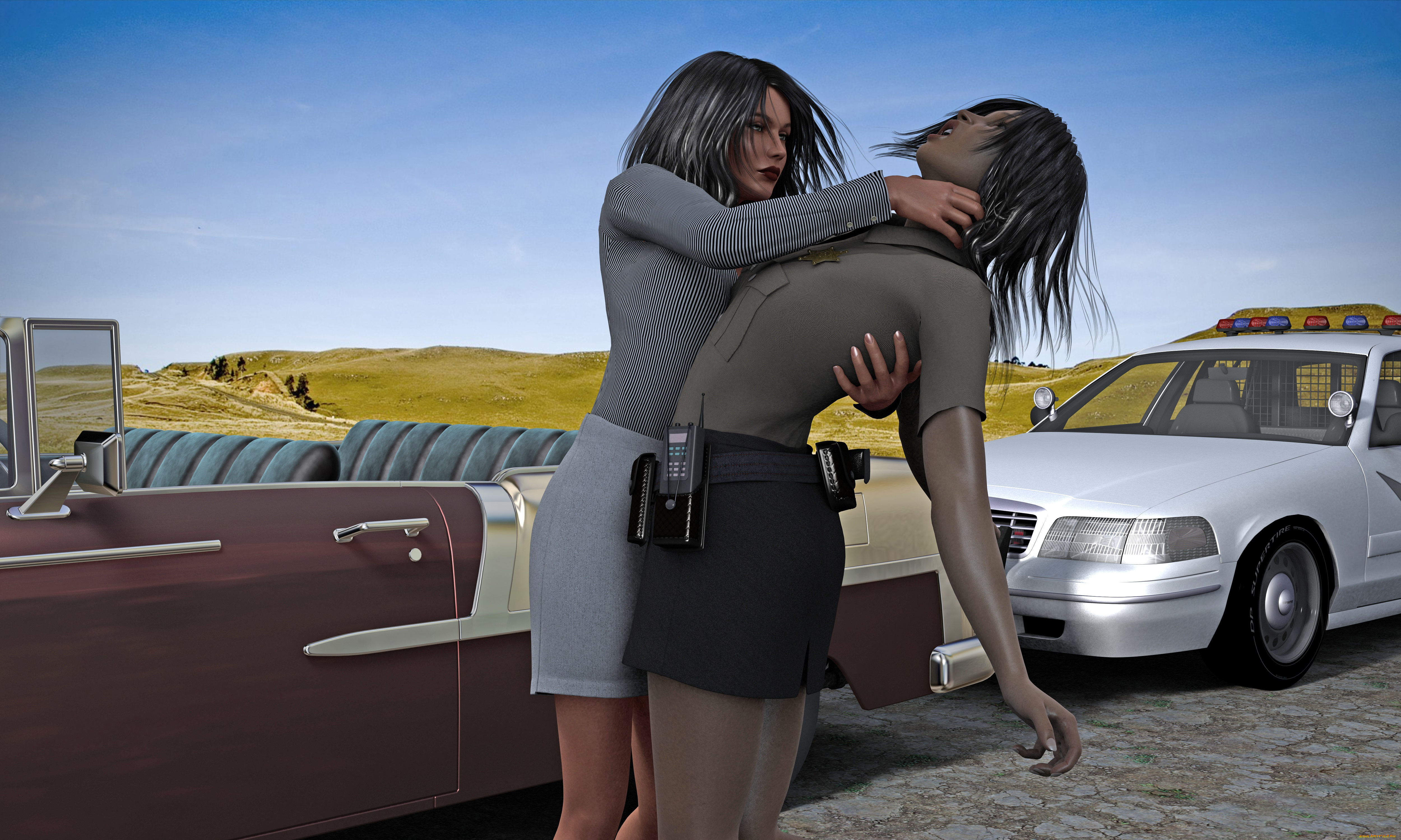 3д, графика, fantasy, , фантазия, полицейская, автомобили, девушки, дорога