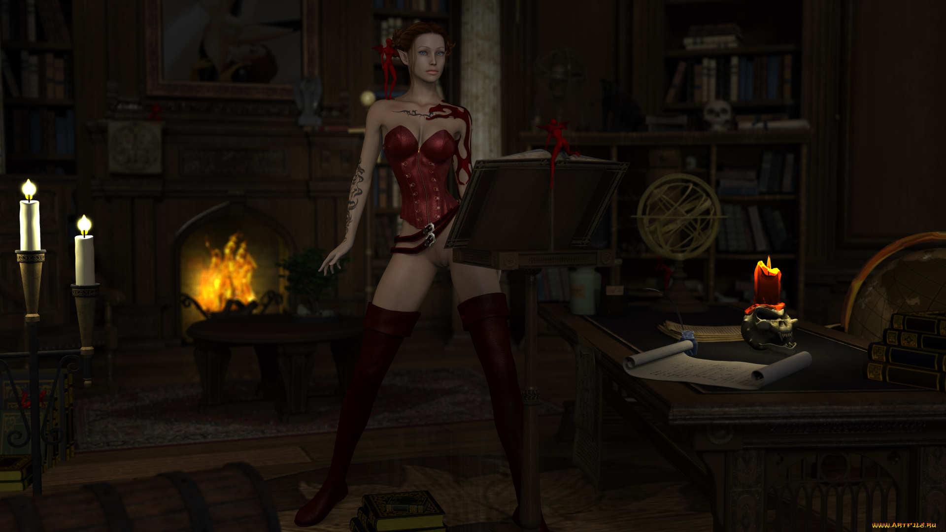 3д, графика, эльфы, , elves, фон, взгляд, эльфийка, свечи, камин, книга