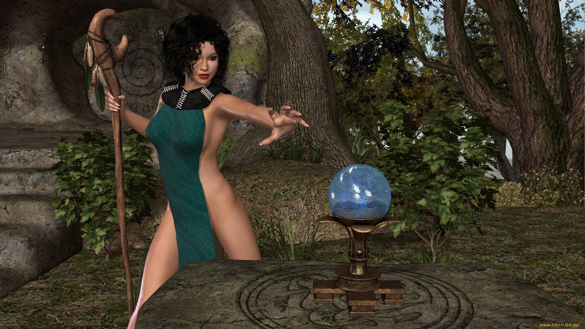 3д, графика, фантазия, , fantasy, девушка, взгляд, фон, посох, шар, деревья