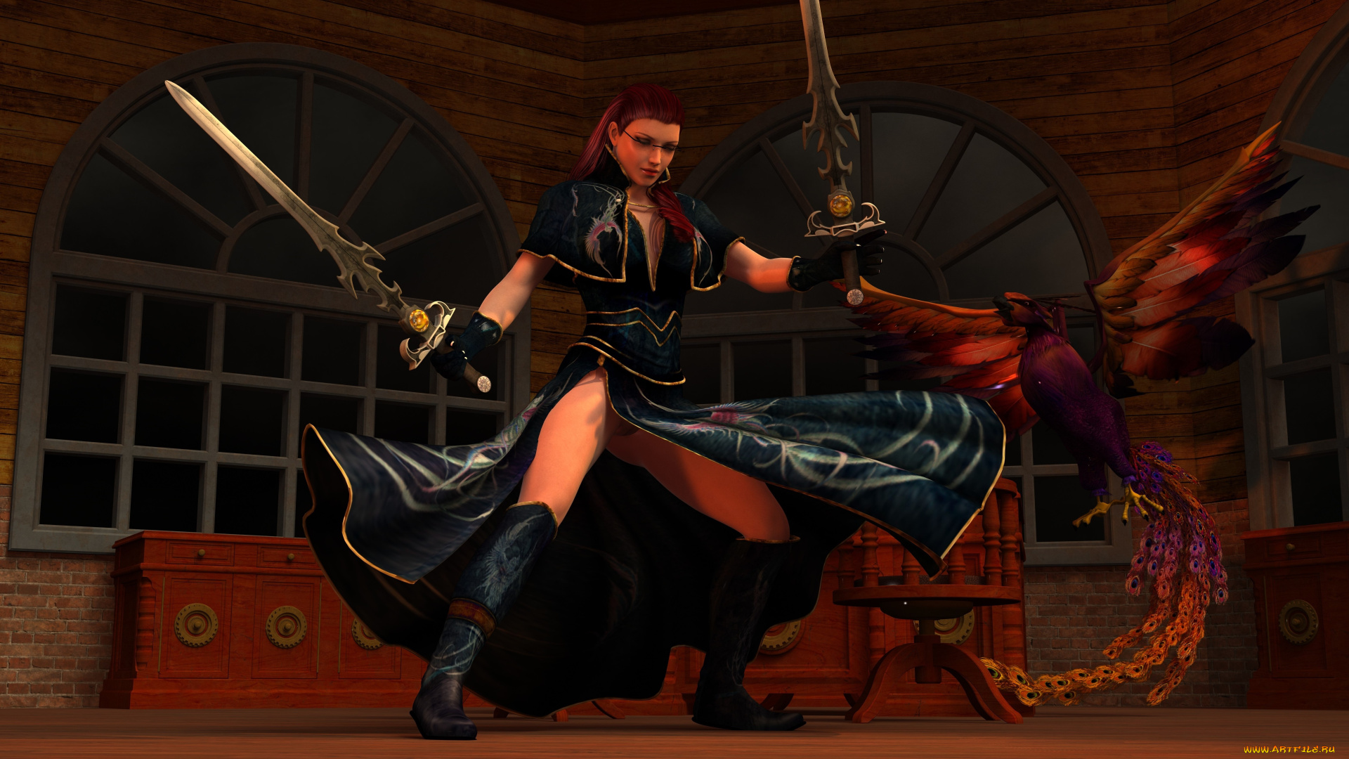 3д, графика, фантазия, , fantasy, девушка, взгляд, фон, очки, птица, оружие