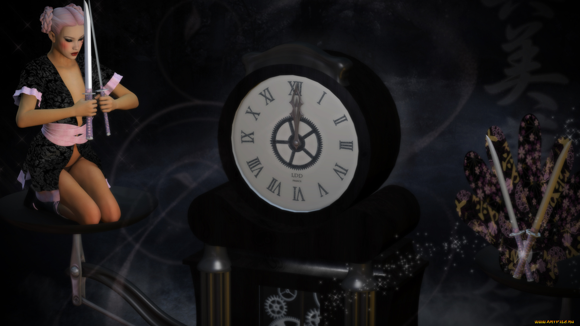 3д, графика, фантазия, , fantasy, девушка, взгляд, фон, оружие, часы