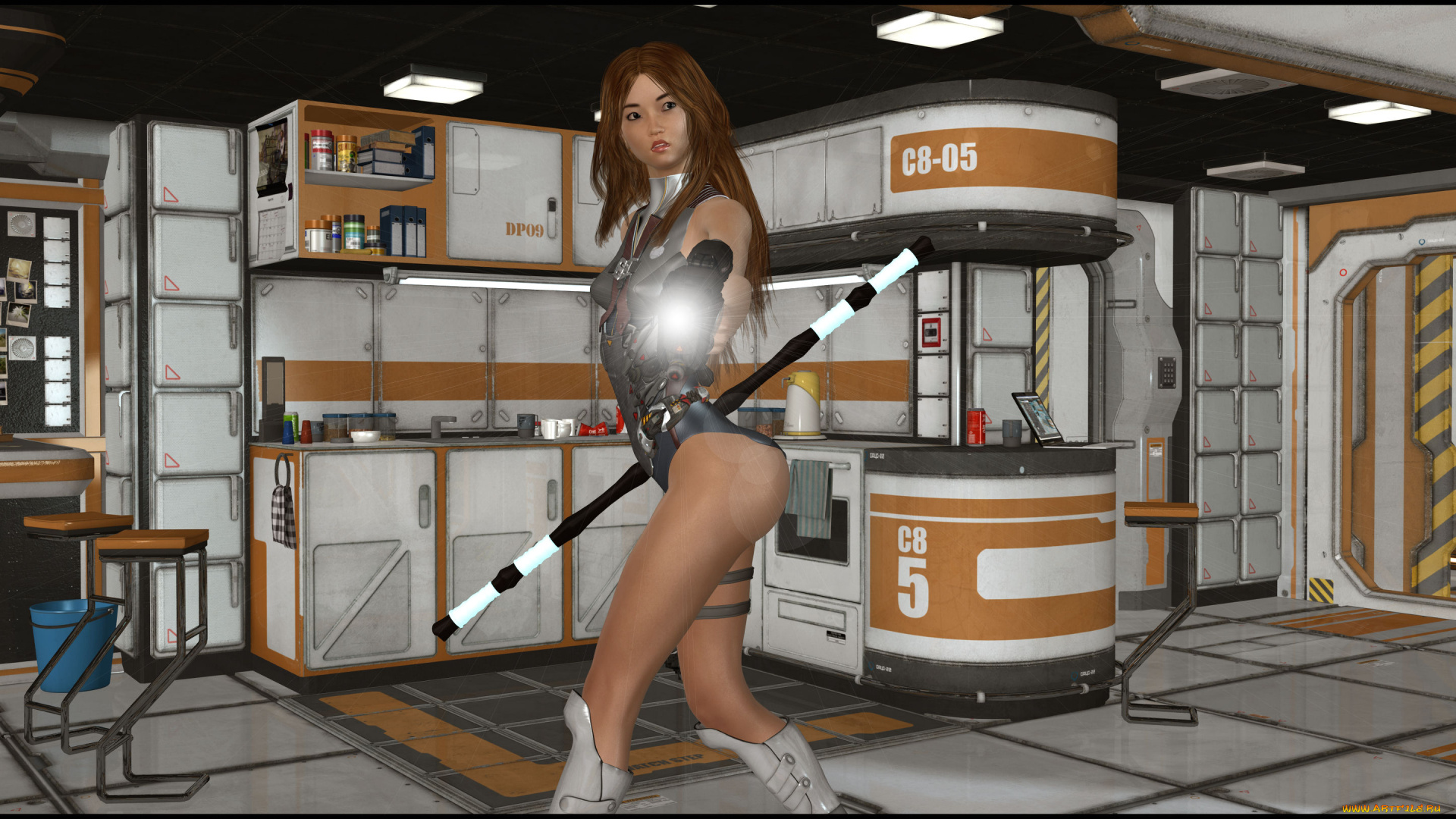 3д, графика, люди, , people, девушка, взгляд, фон, шест, кухня