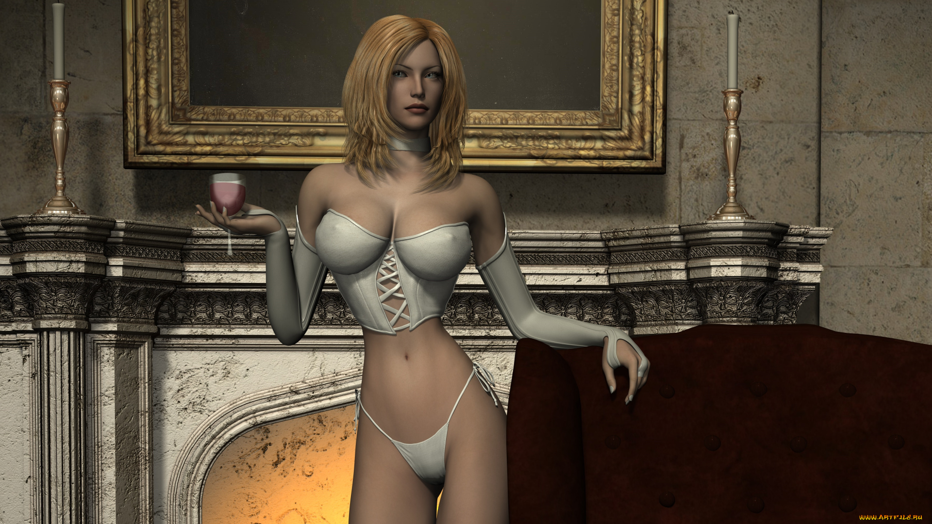 3д, графика, люди, , people, камин, фон, взгляд, девушка