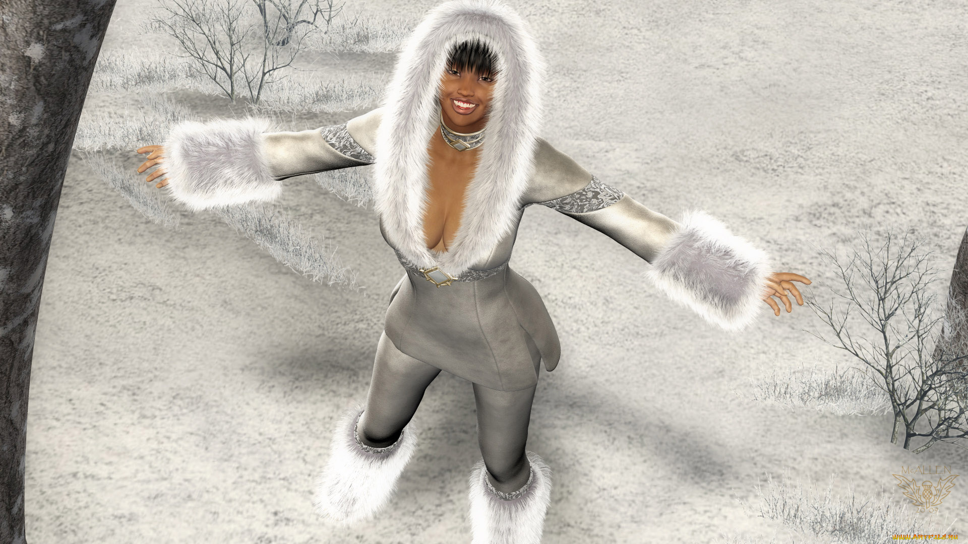 3д, графика, люди, , people, взгляд, девушка, снег, улыбка, фон, шуба