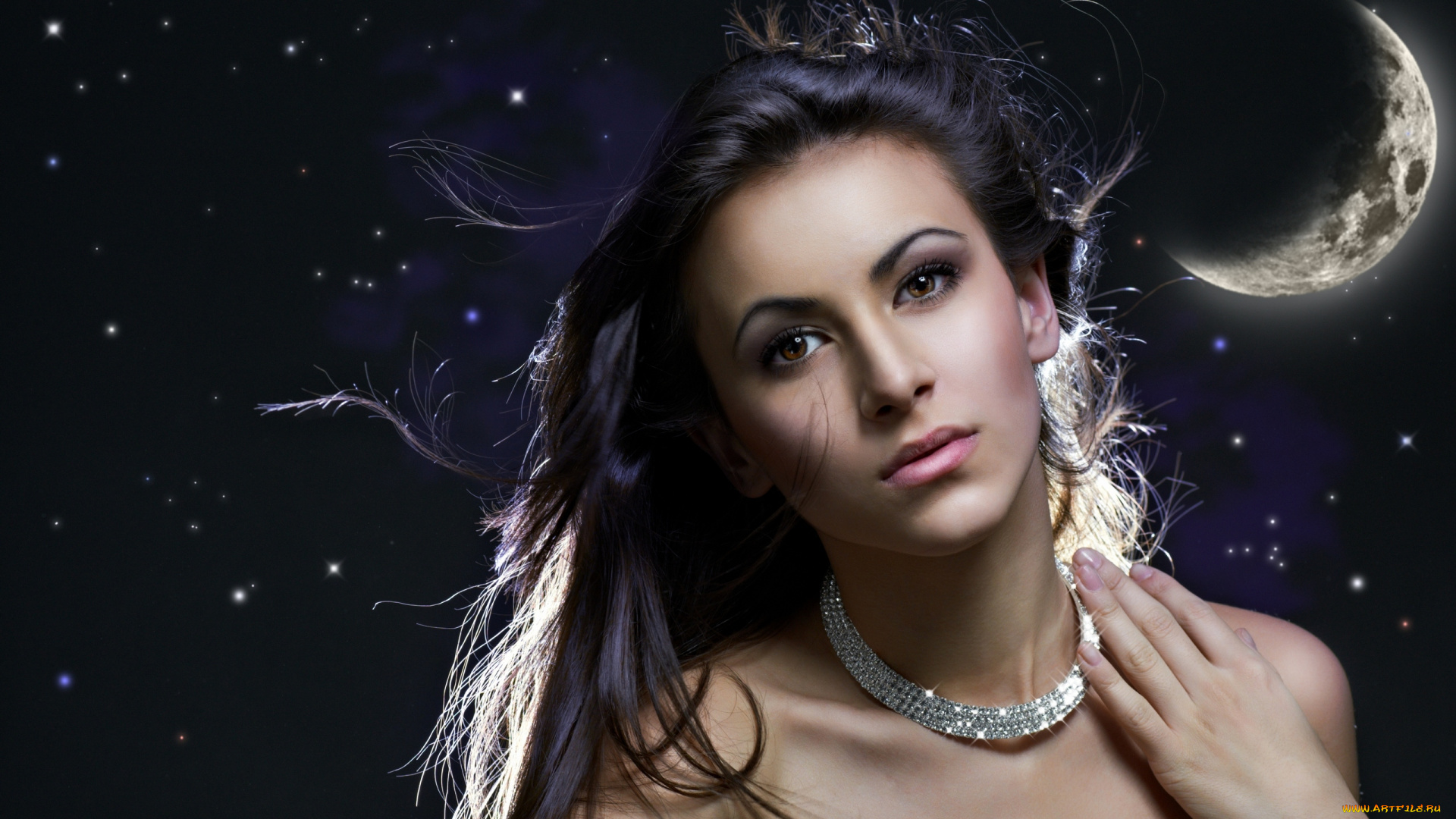 девушки, -unsort, , лица, , портреты, взгляд, лунный, свет, месяц, луна, звёзды, ночь, колье, чёрные, глаза, волосы, брюнетка