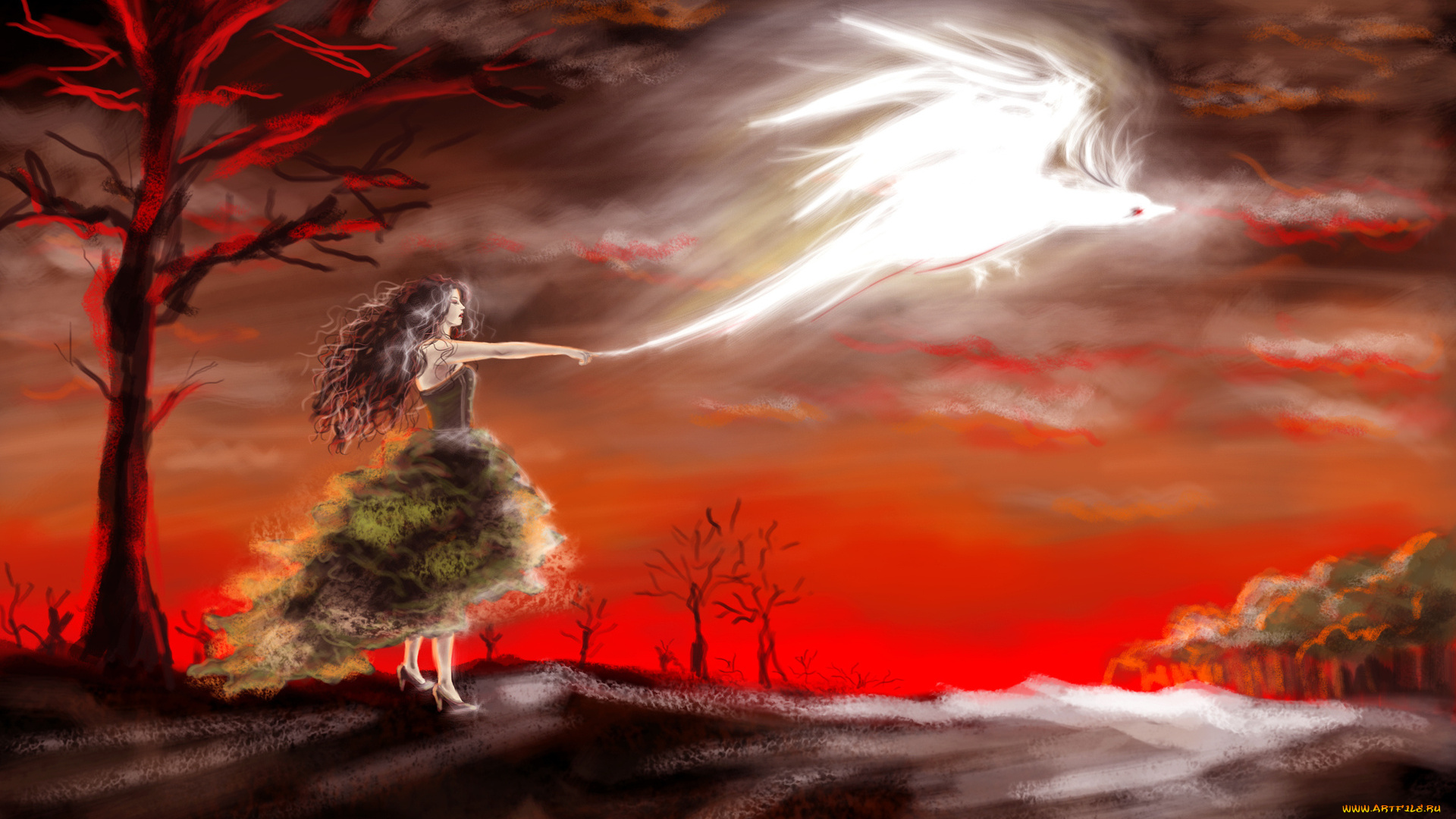 фэнтези, девушки, закат, девушка, магия, деревья, птица