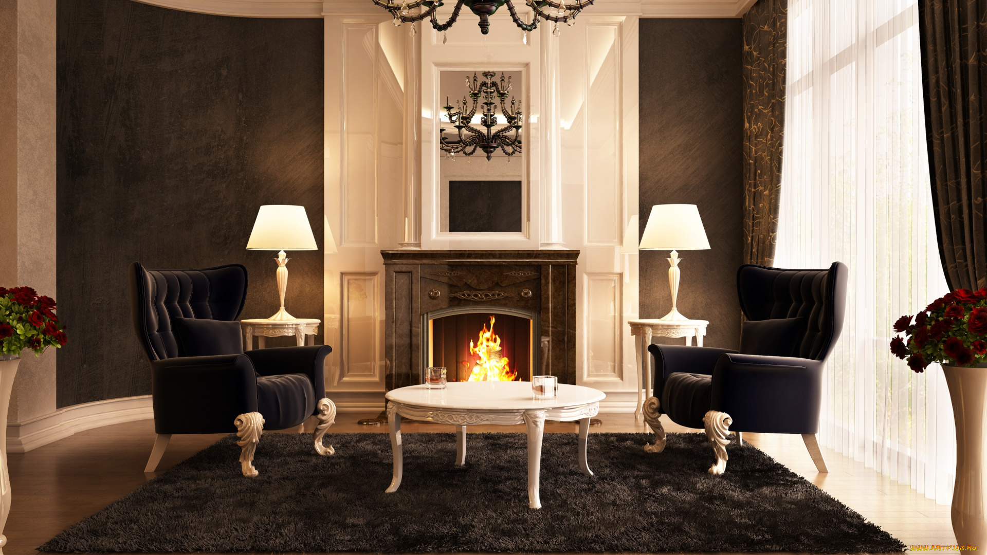 интерьер, гостиная, комната, занавески, окно, камин, столик, кресла, ковер