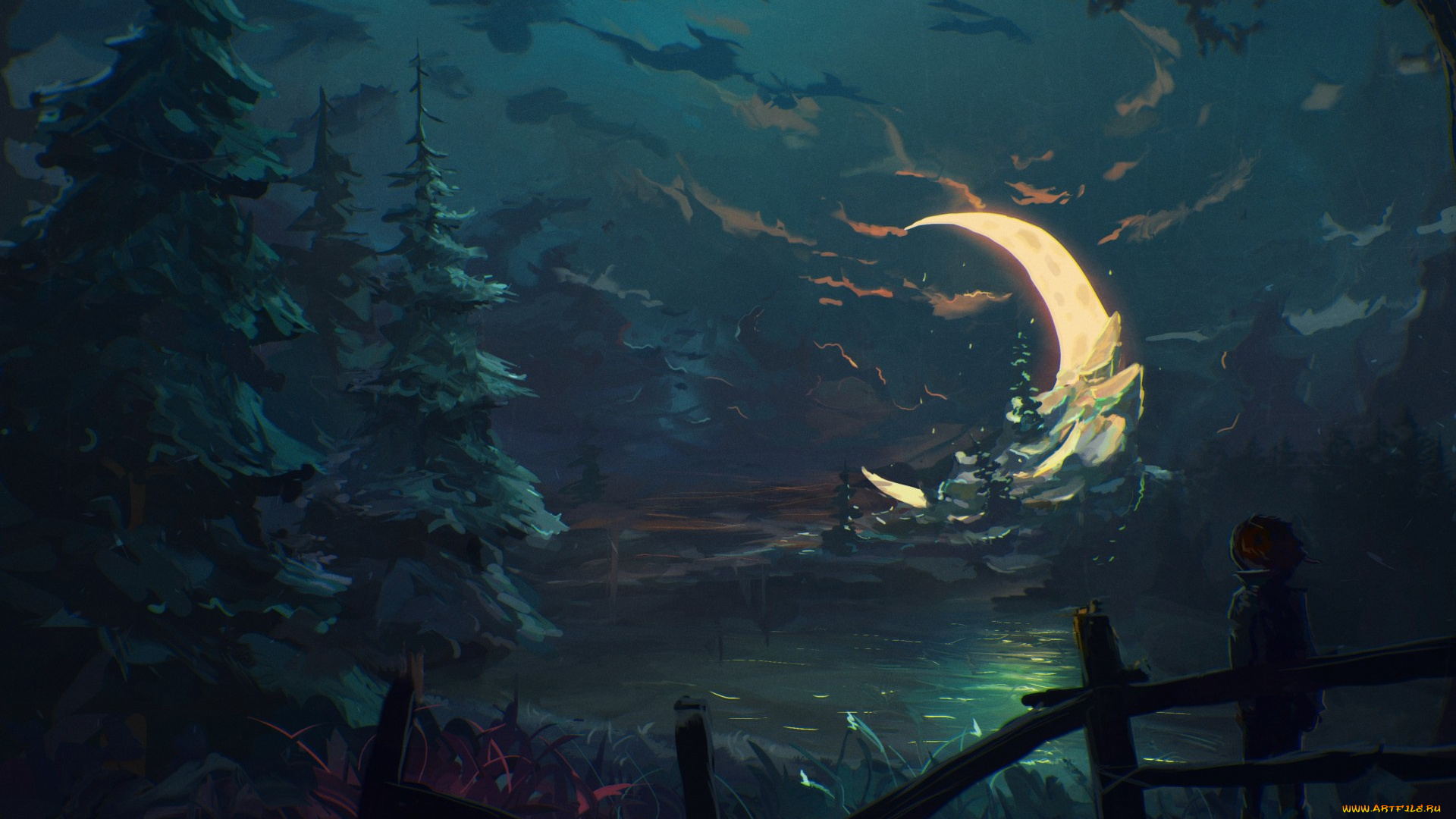 рисованное, живопись, ночь, лес, луна, полумесяц, елка, мальчик, забор