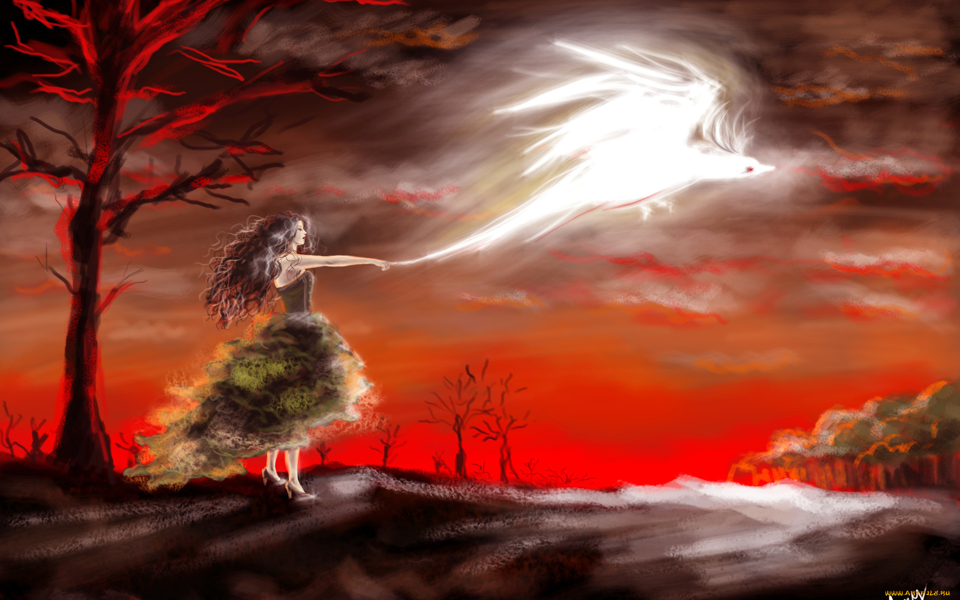 фэнтези, девушки, закат, девушка, магия, деревья, птица