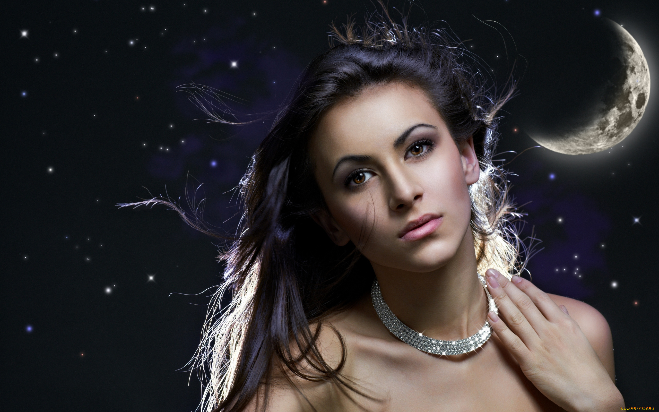девушки, -unsort, , лица, , портреты, взгляд, лунный, свет, месяц, луна, звёзды, ночь, колье, чёрные, глаза, волосы, брюнетка