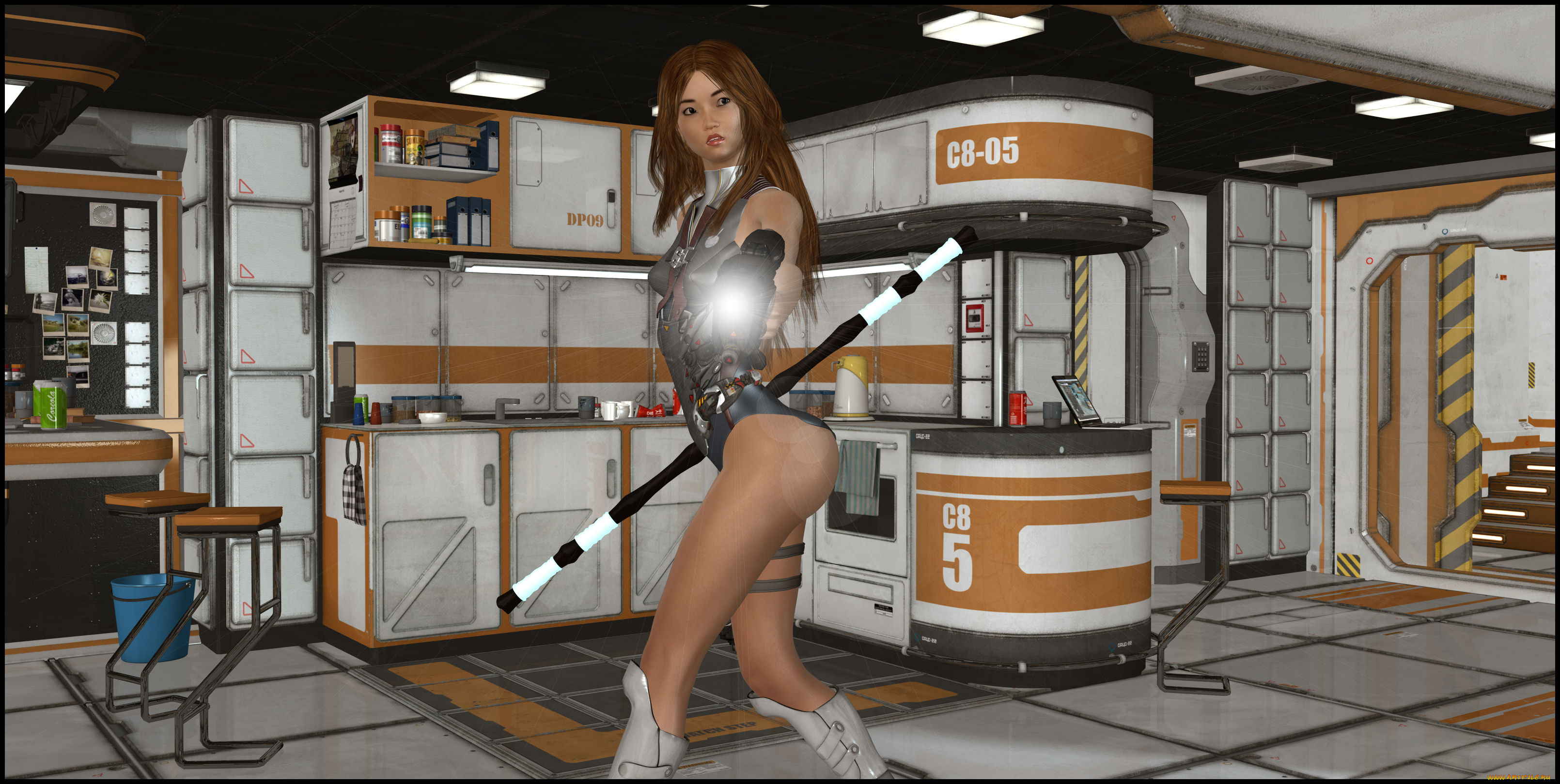 3д, графика, люди, , people, девушка, взгляд, фон, шест, кухня