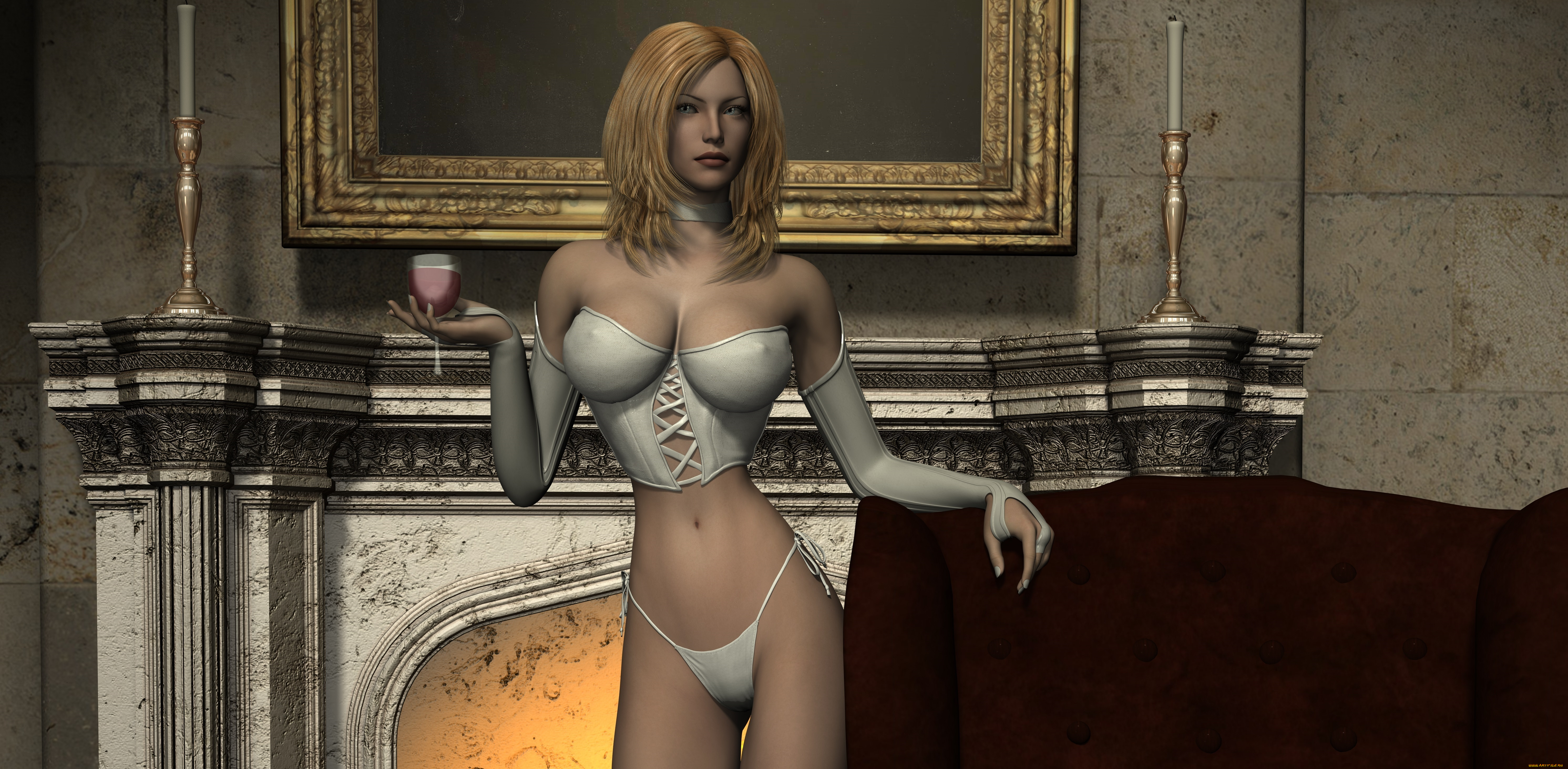 3д, графика, люди, , people, камин, фон, взгляд, девушка