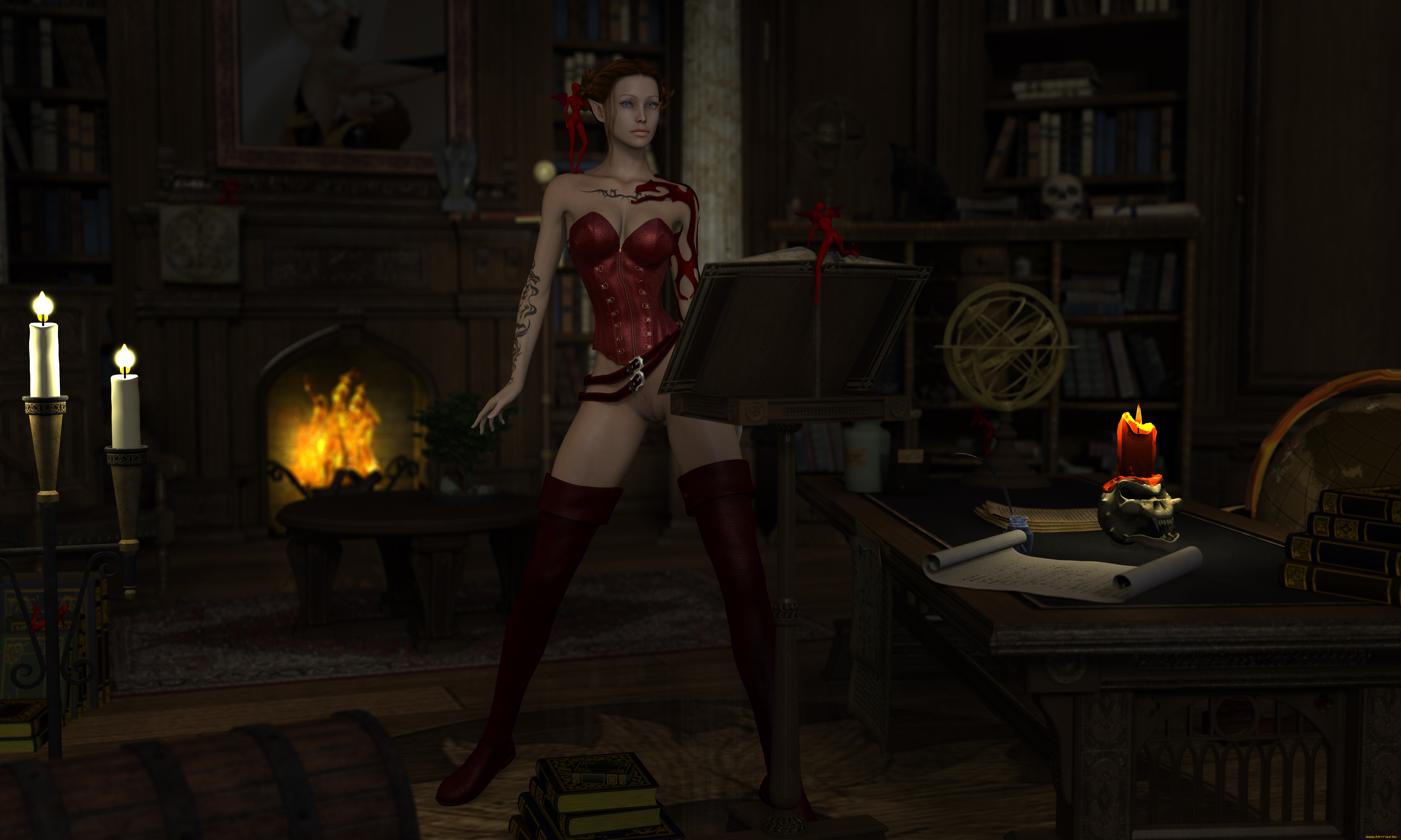 3д, графика, эльфы, , elves, фон, взгляд, эльфийка, свечи, камин, книга