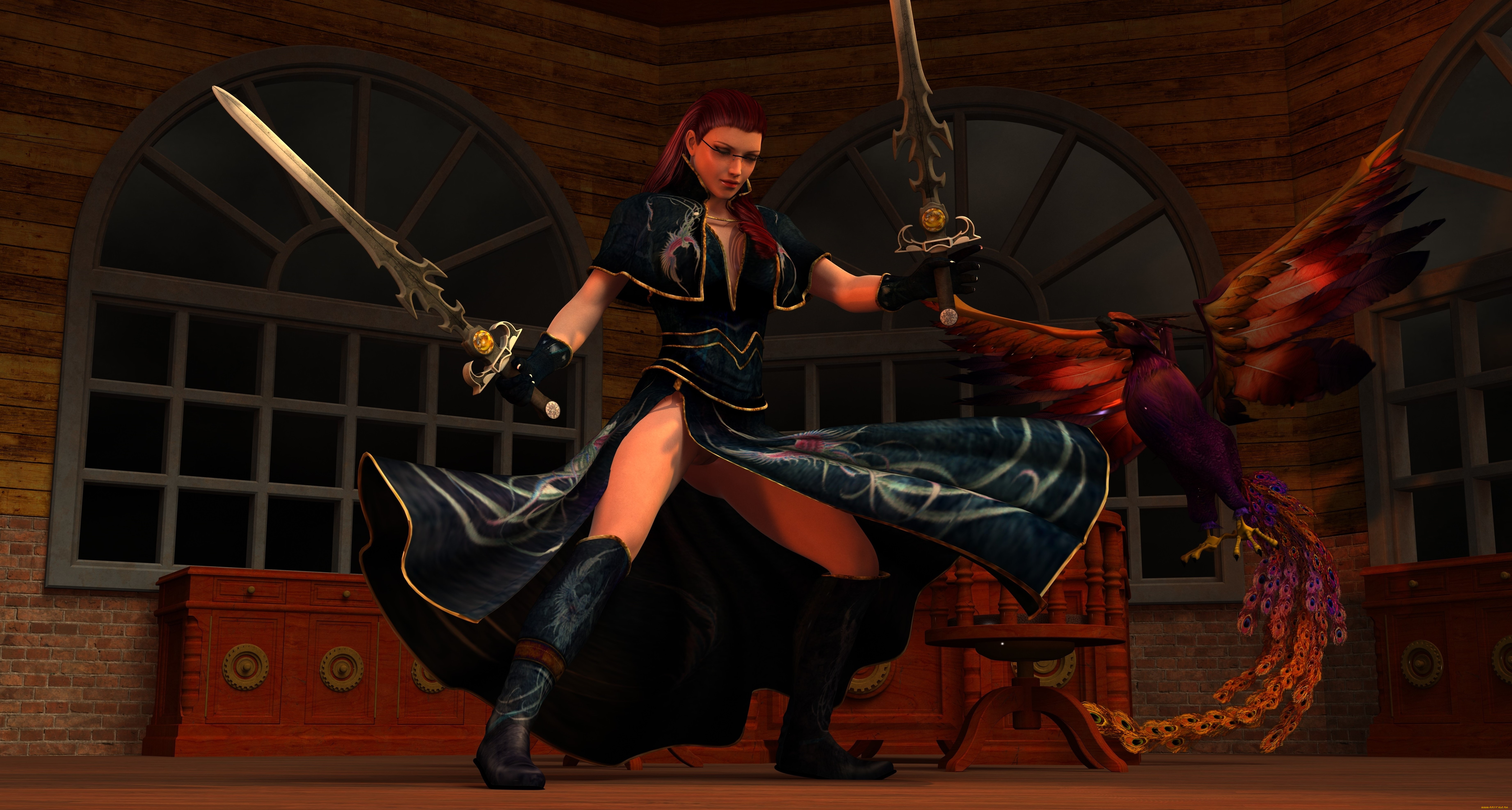 3д, графика, фантазия, , fantasy, девушка, взгляд, фон, очки, птица, оружие