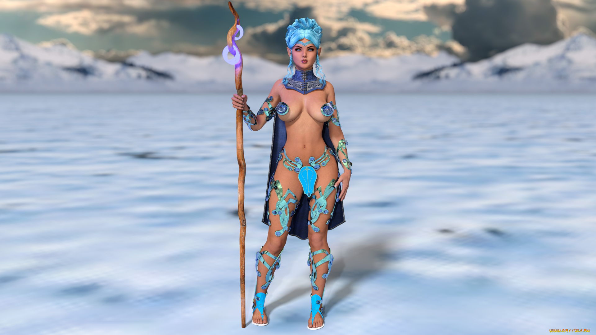 3д, графика, фантазия, , fantasy, девушка, фон, взгляд, посох