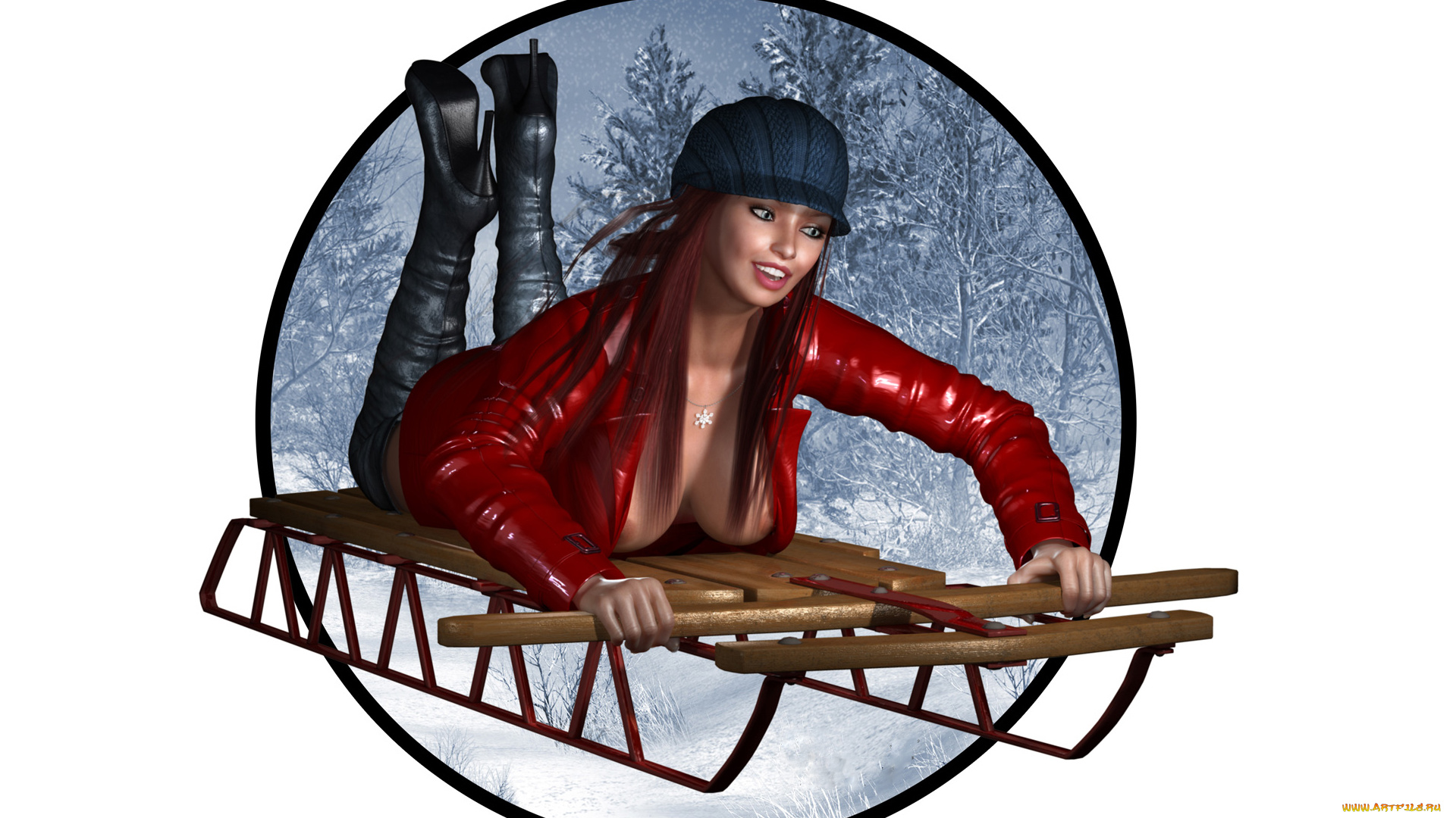 3д, графика, люди, , people, девушка, фон, сани, улыбка