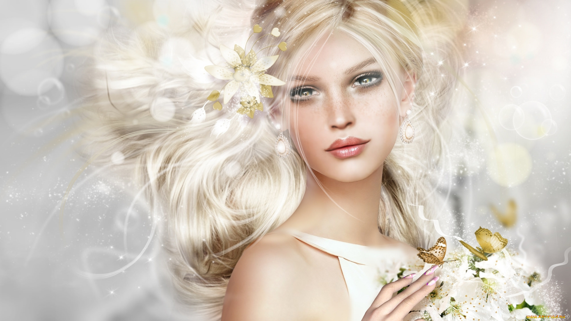 3д, графика, портрет, , portraits, цветы, портрет, блондинка, девушка, бабочка